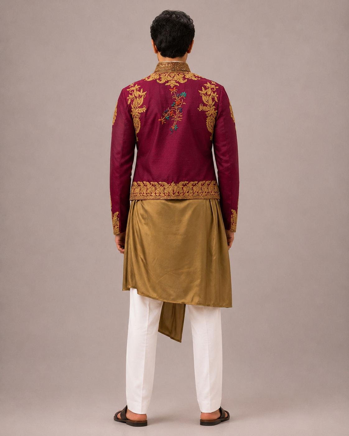 Maroon Silk Jacket Set for Men with Hand Work