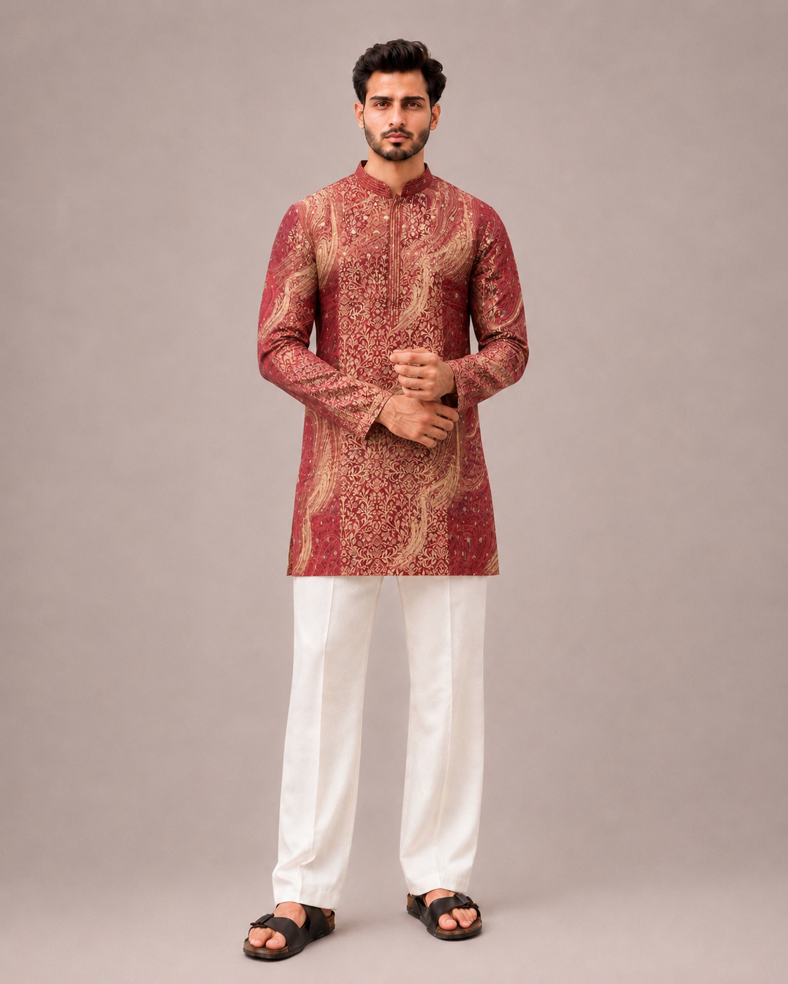 Maroon Silk Kurta Set with Brocade Silk and Weave Work