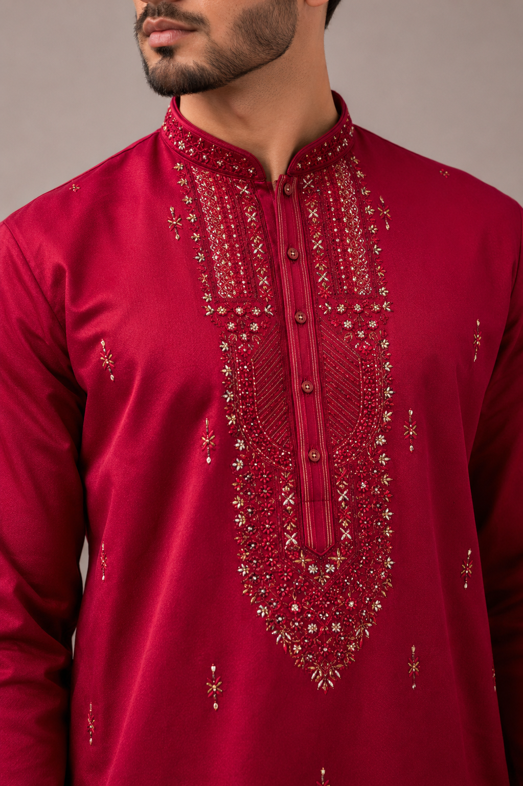 Maroon Silk Kurta Set with Machine Embroidery Work