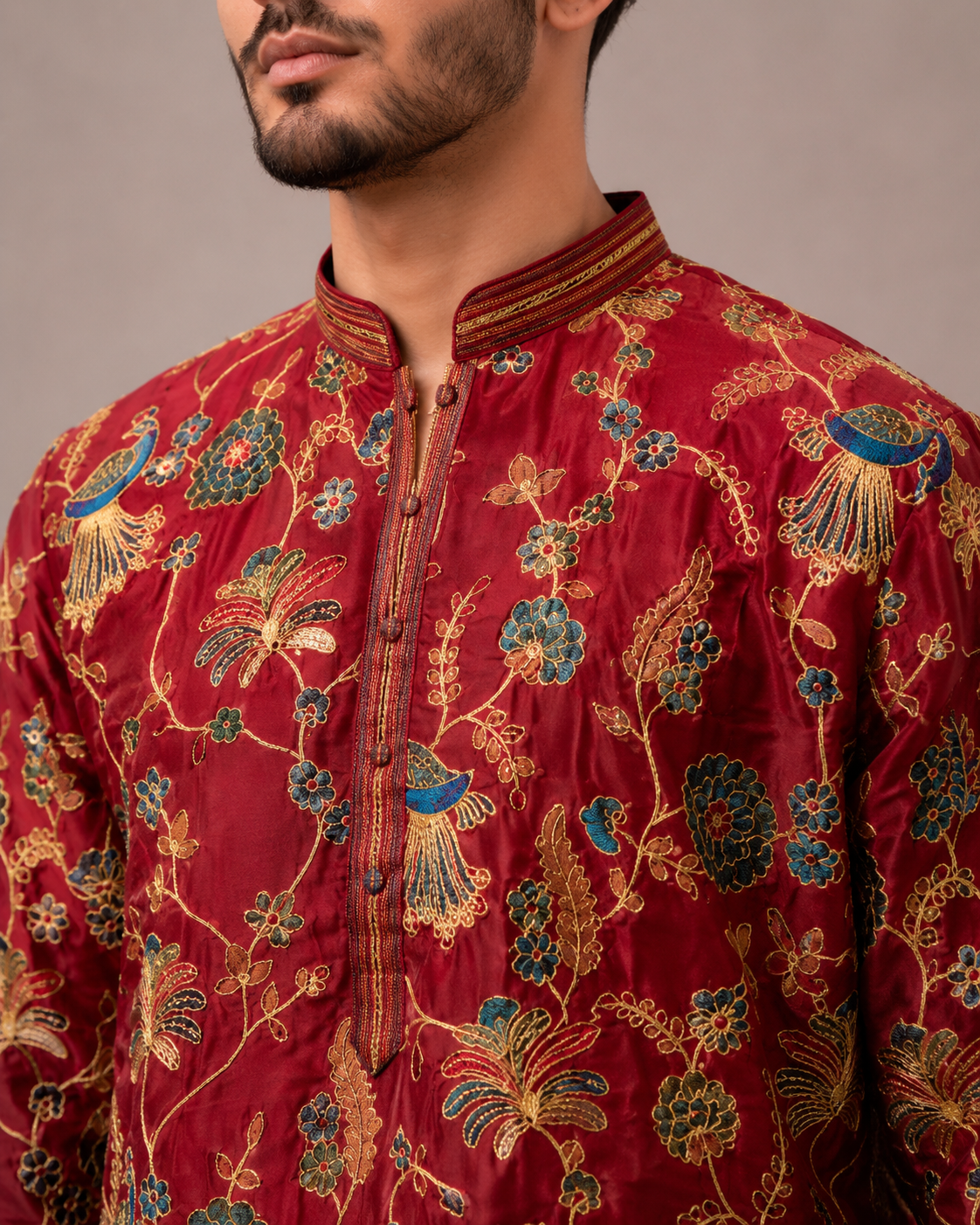 Maroon Silk Kurta Set with Machine Thread Embroidery Work