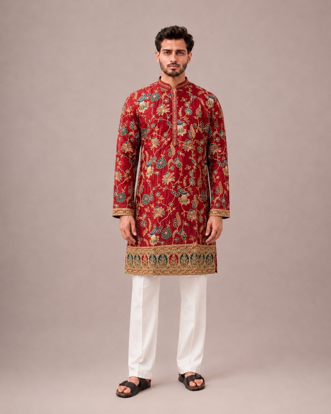 Maroon Silk Kurta Set with Machine Thread Embroidery Work