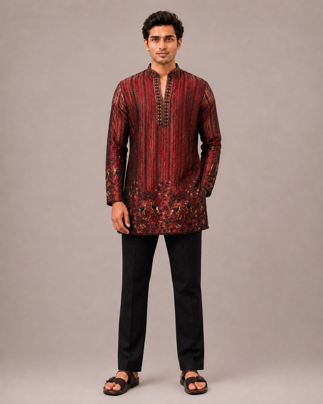 Maroon Silk Kurta Set with Machine Thread Work