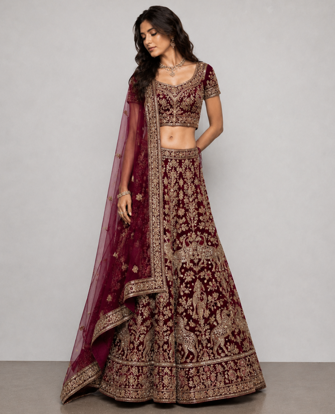 Maroon Velvet Silk Lehenga Choli with All Over Zardozi and Diamond Hand Work