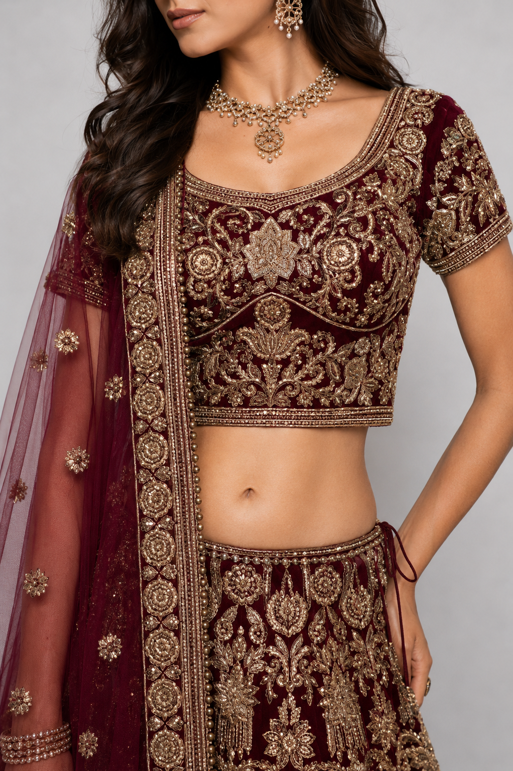 Maroon Velvet Silk Lehenga Choli with All Over Zardozi and Diamond Hand Work