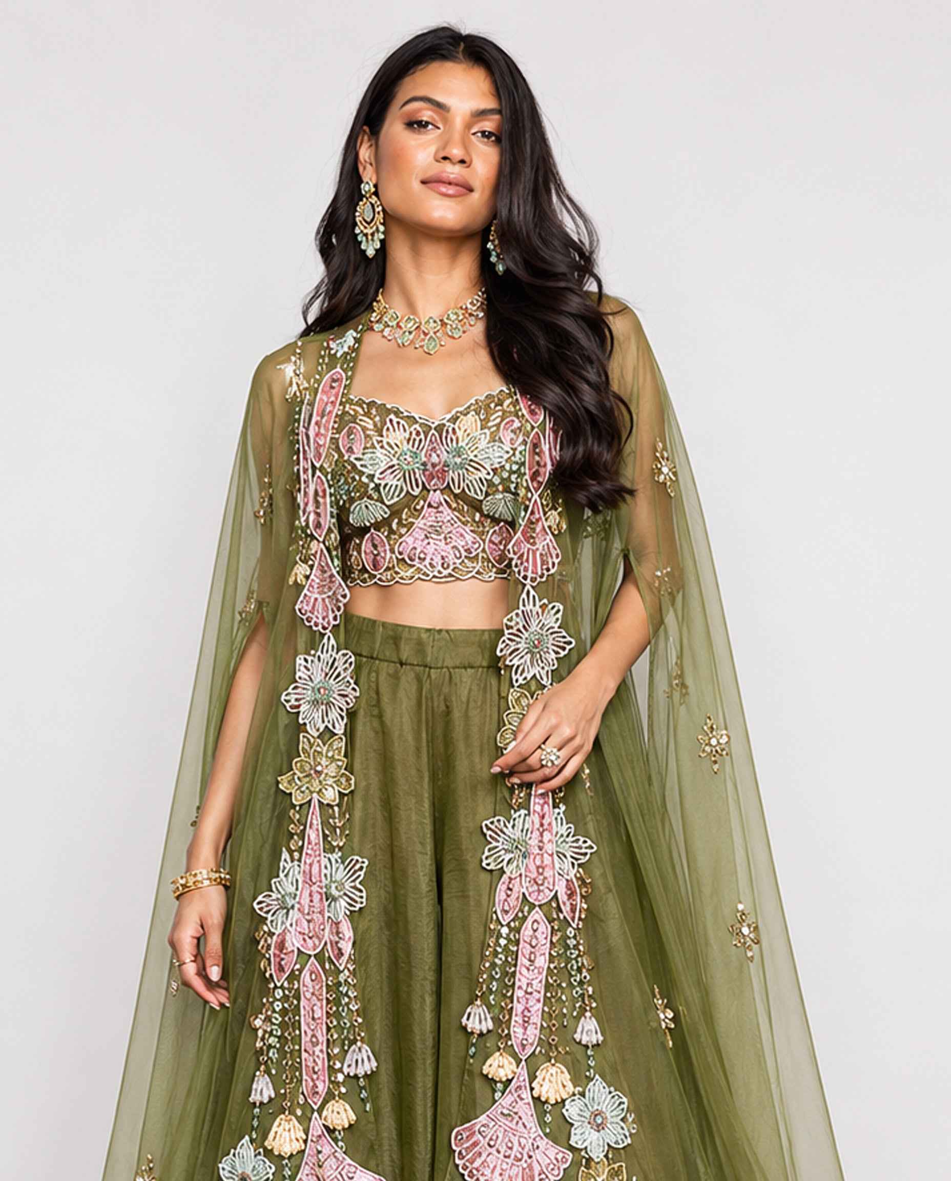 Mehndi Green Organza Silk Indo Western with Moti Resham Mirror and Sequence Work