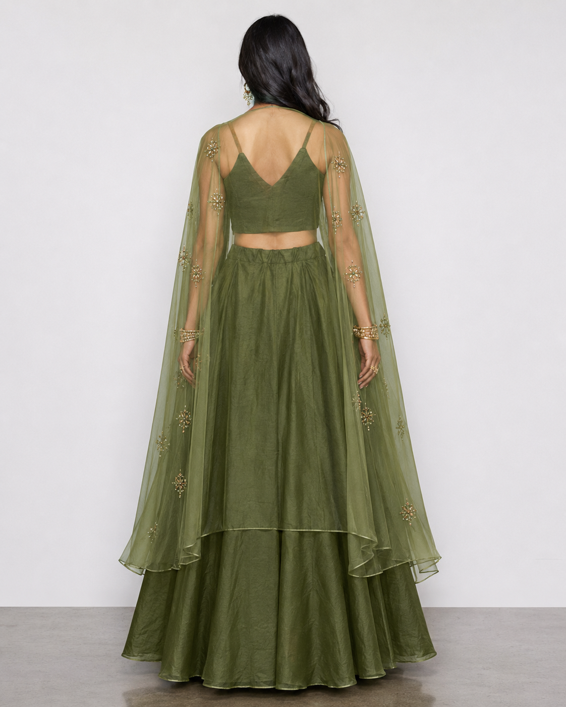 Mehndi Green Organza Silk Indo Western with Moti Resham Mirror and Sequence Work