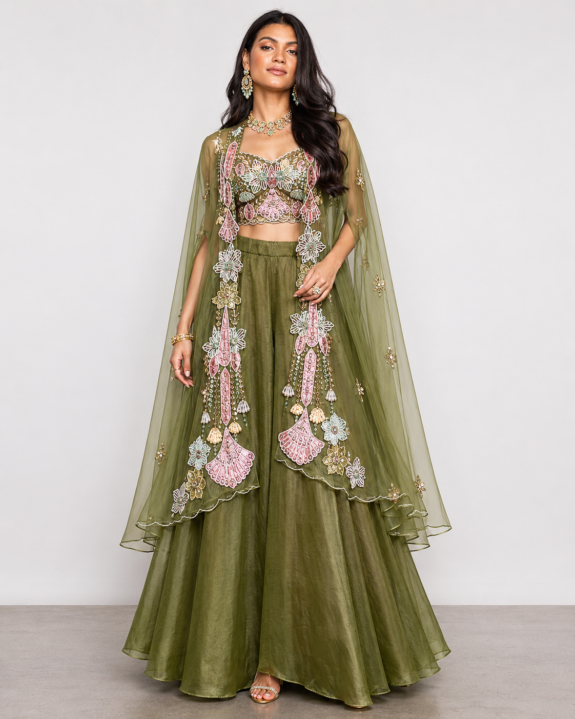 Mehndi Green Organza Silk Indo Western with Moti Resham Mirror and Sequence Work