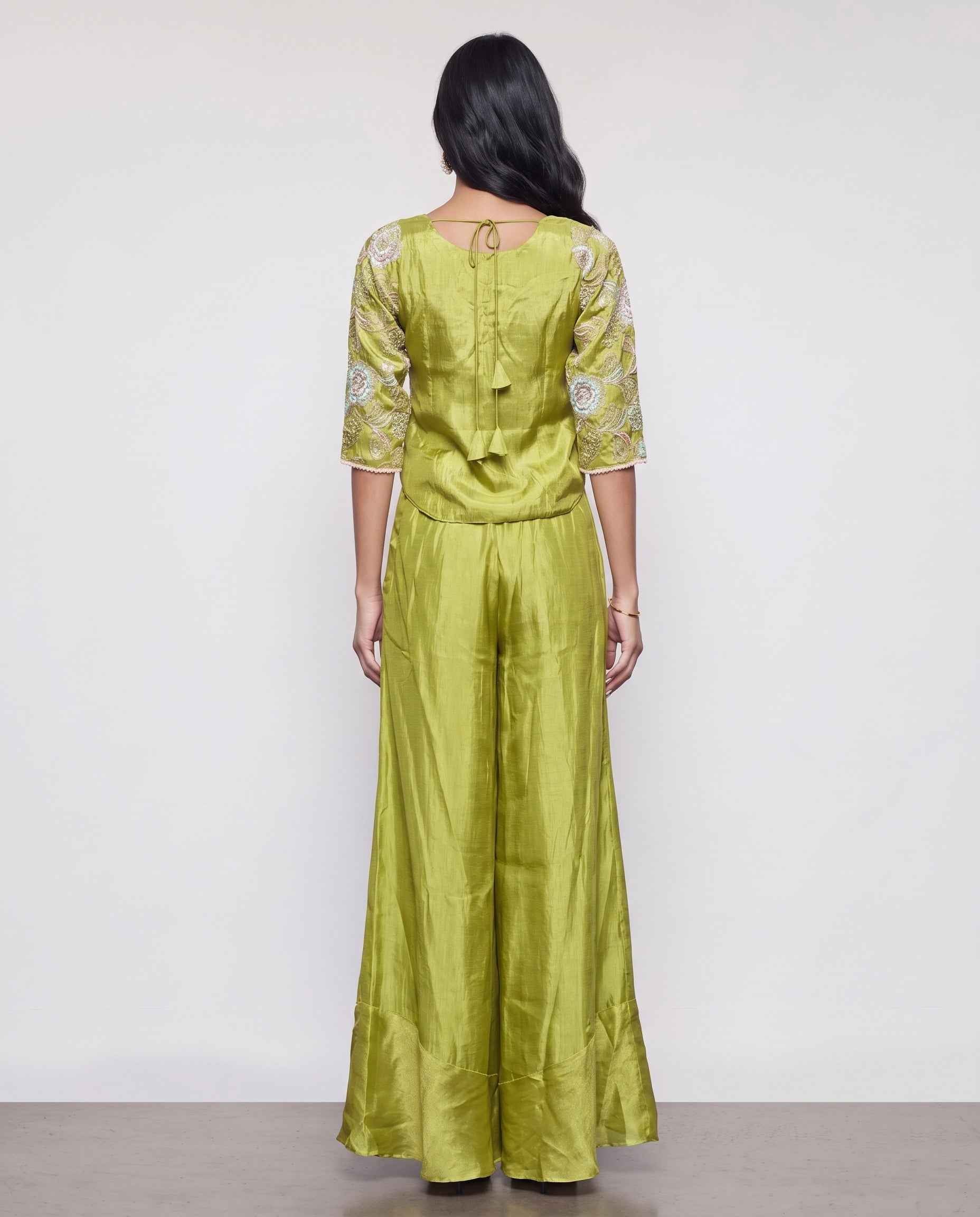Mehndi Green Tissue Silk Indo Western with Cutdana and Sequence Work