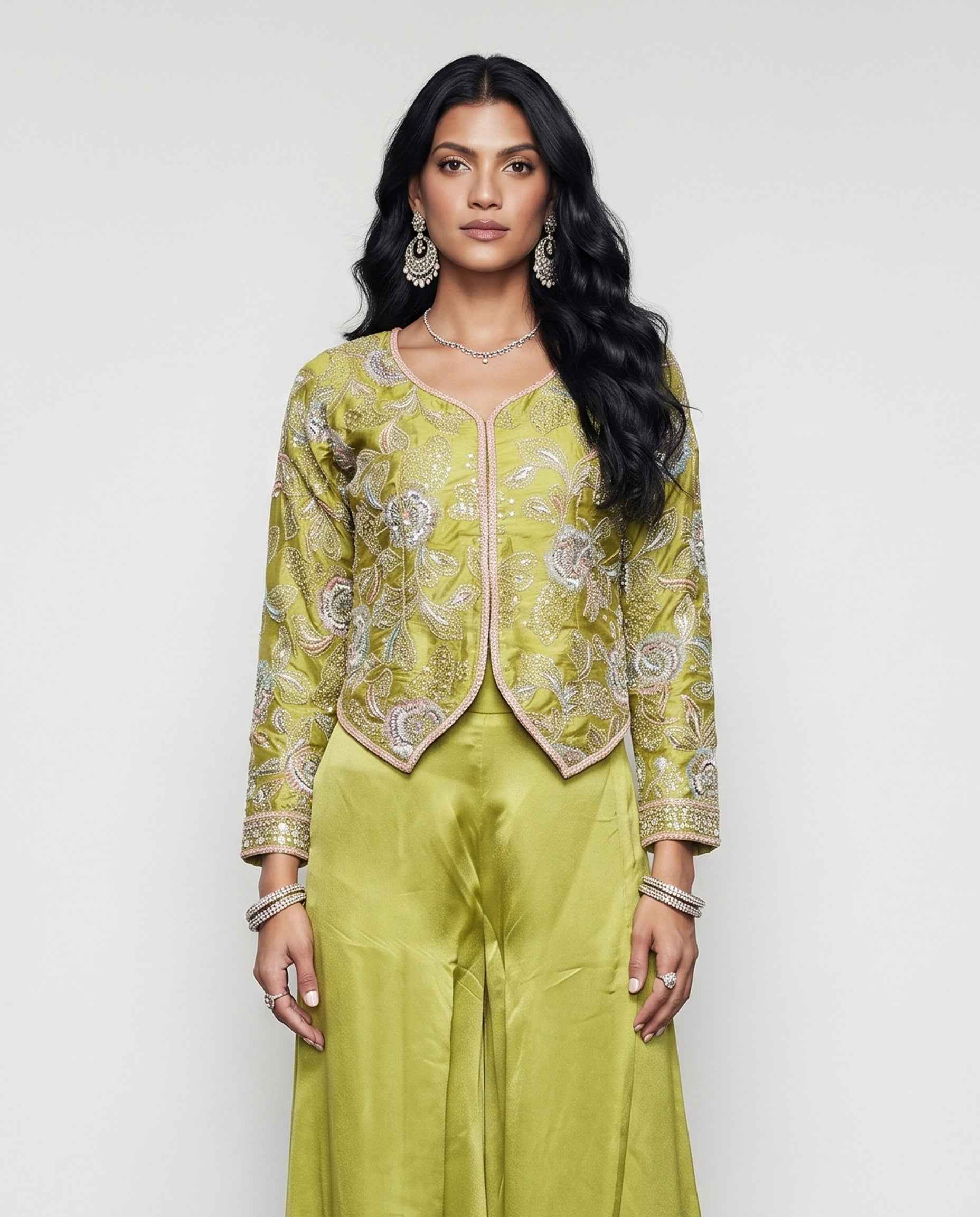 Mehndi Green Tissue Silk Indo Western with Cutdana and Sequence Work