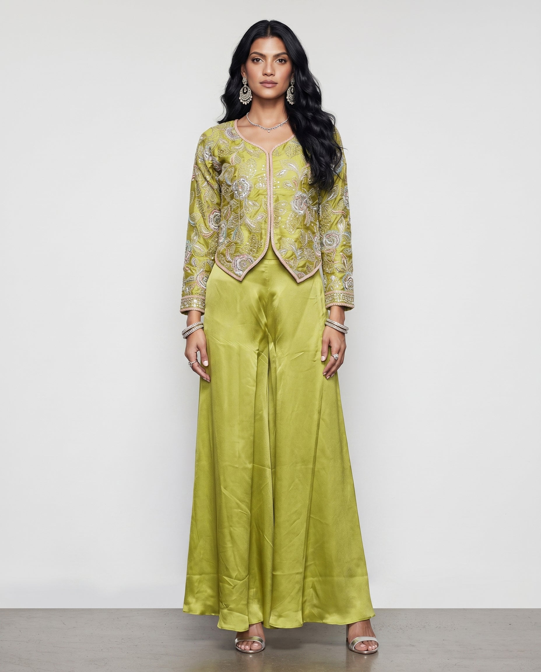 Mehndi Green Tissue Silk Indo Western with Cutdana and Sequence Work