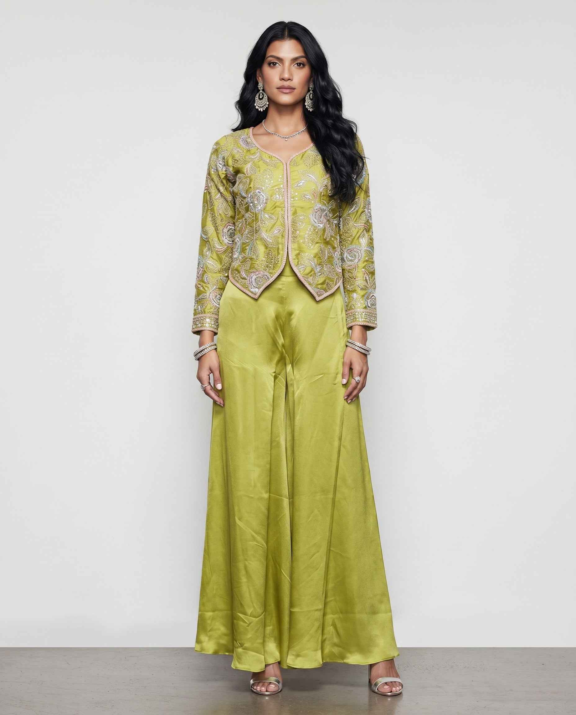 Mehndi Green Tissue Silk Indo Western with Cutdana and Sequence Work