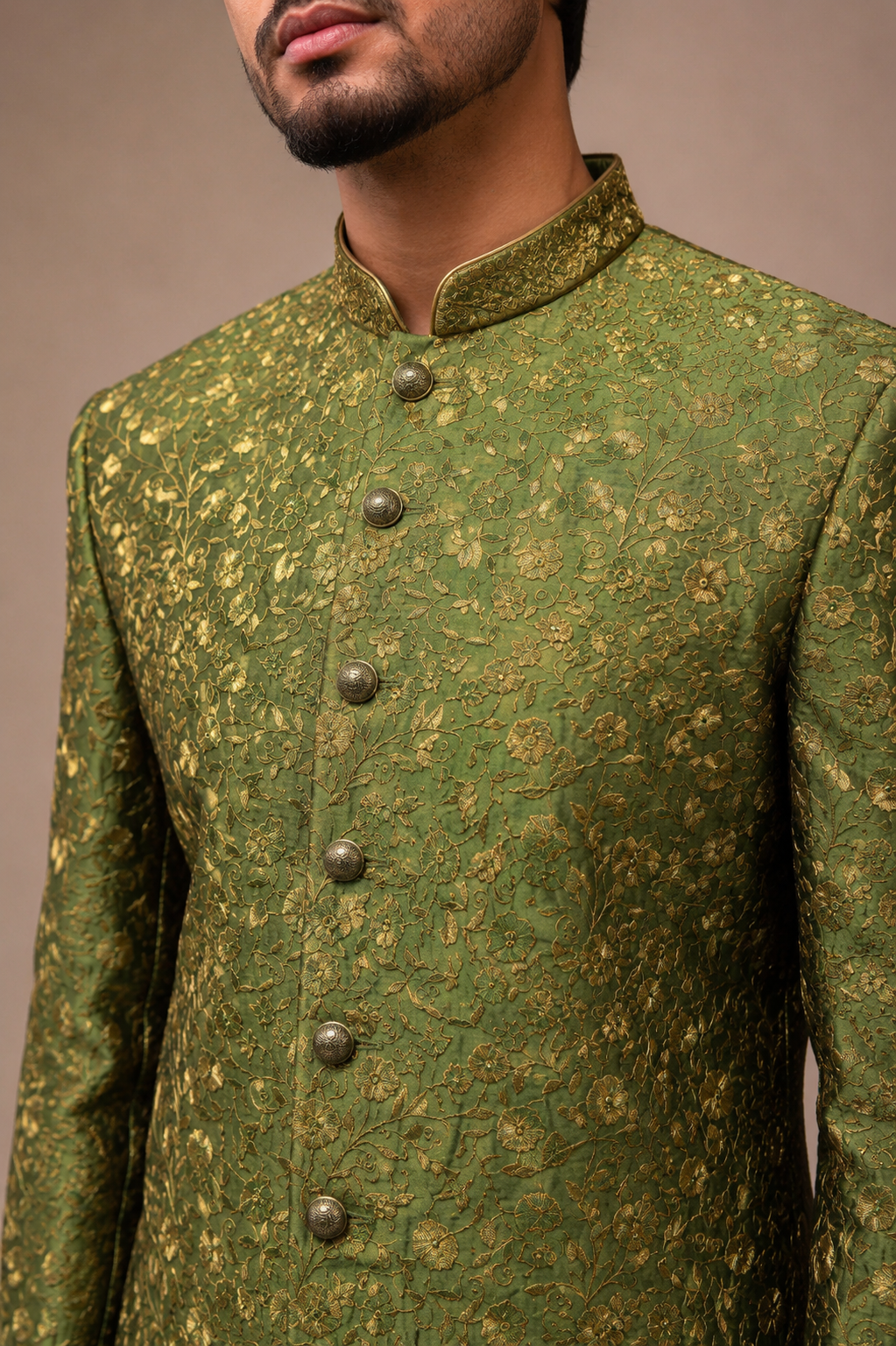 Mehndi Green Brocade Silk Indo Western for Men with Brocade Work