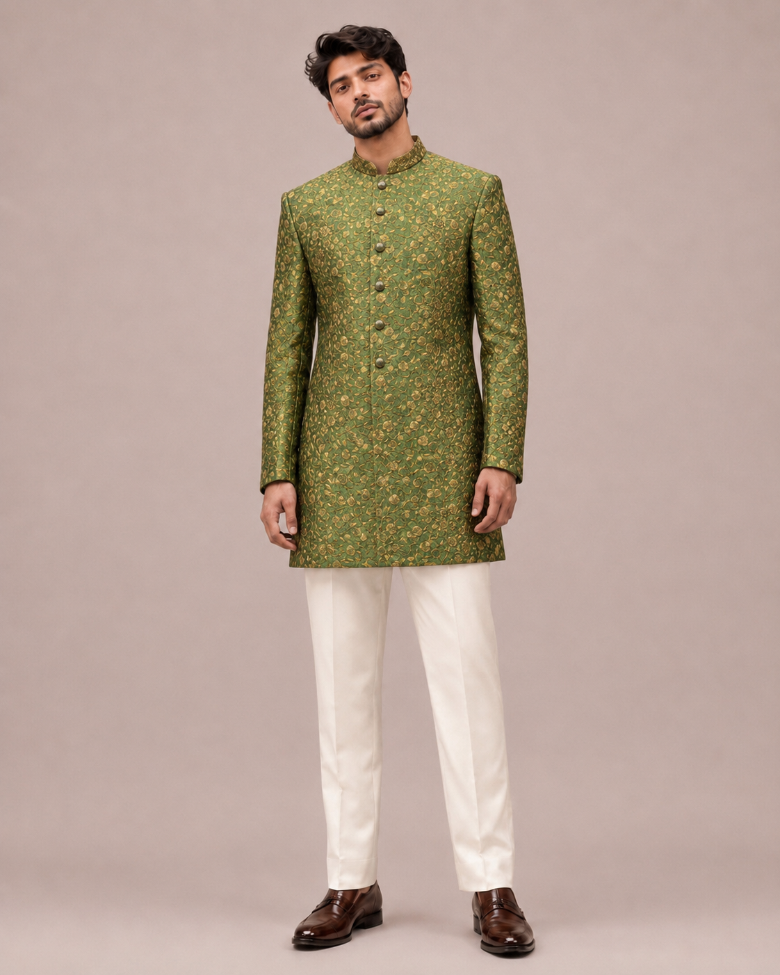 Mehndi Green Brocade Silk Indo Western for Men with Brocade Work