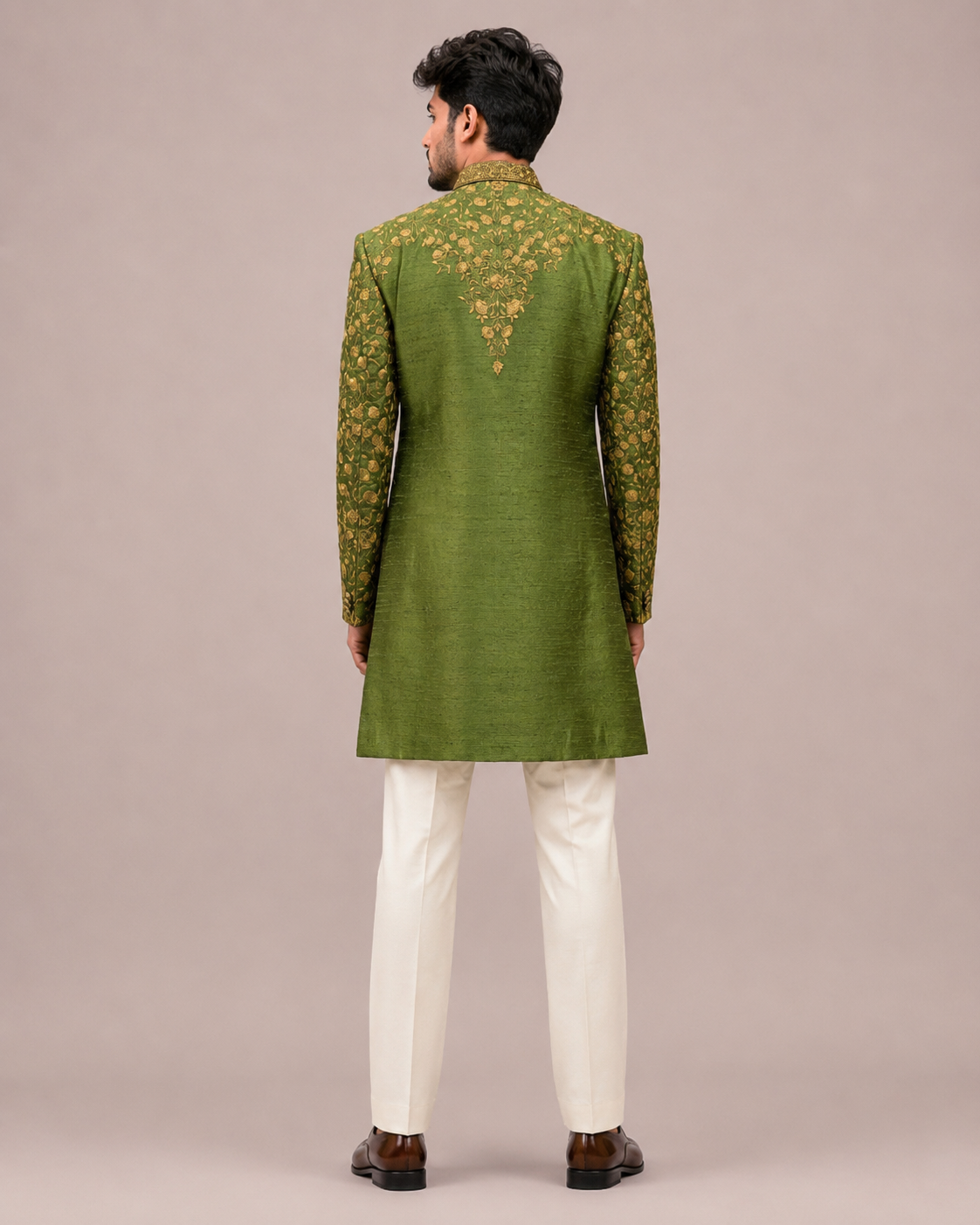 Mehndi Green Brocade Silk Indo Western for Men with Brocade Work