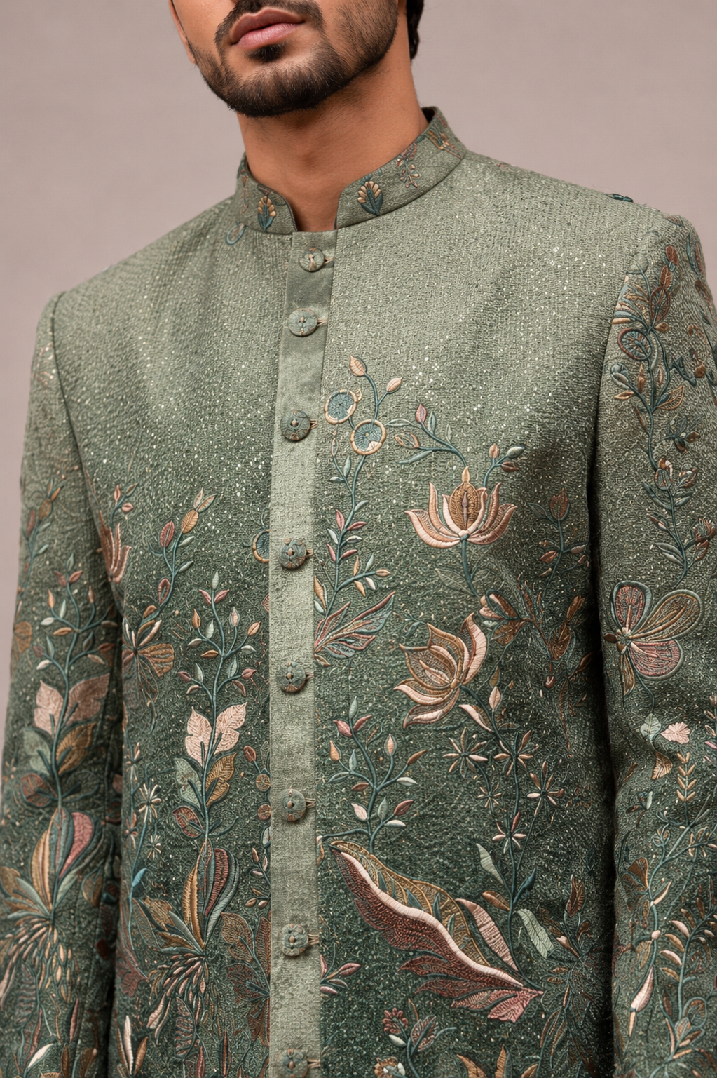 Mehndi Green Velvet Indo Western for Men with Ombre Pattern Machine Embroidery
