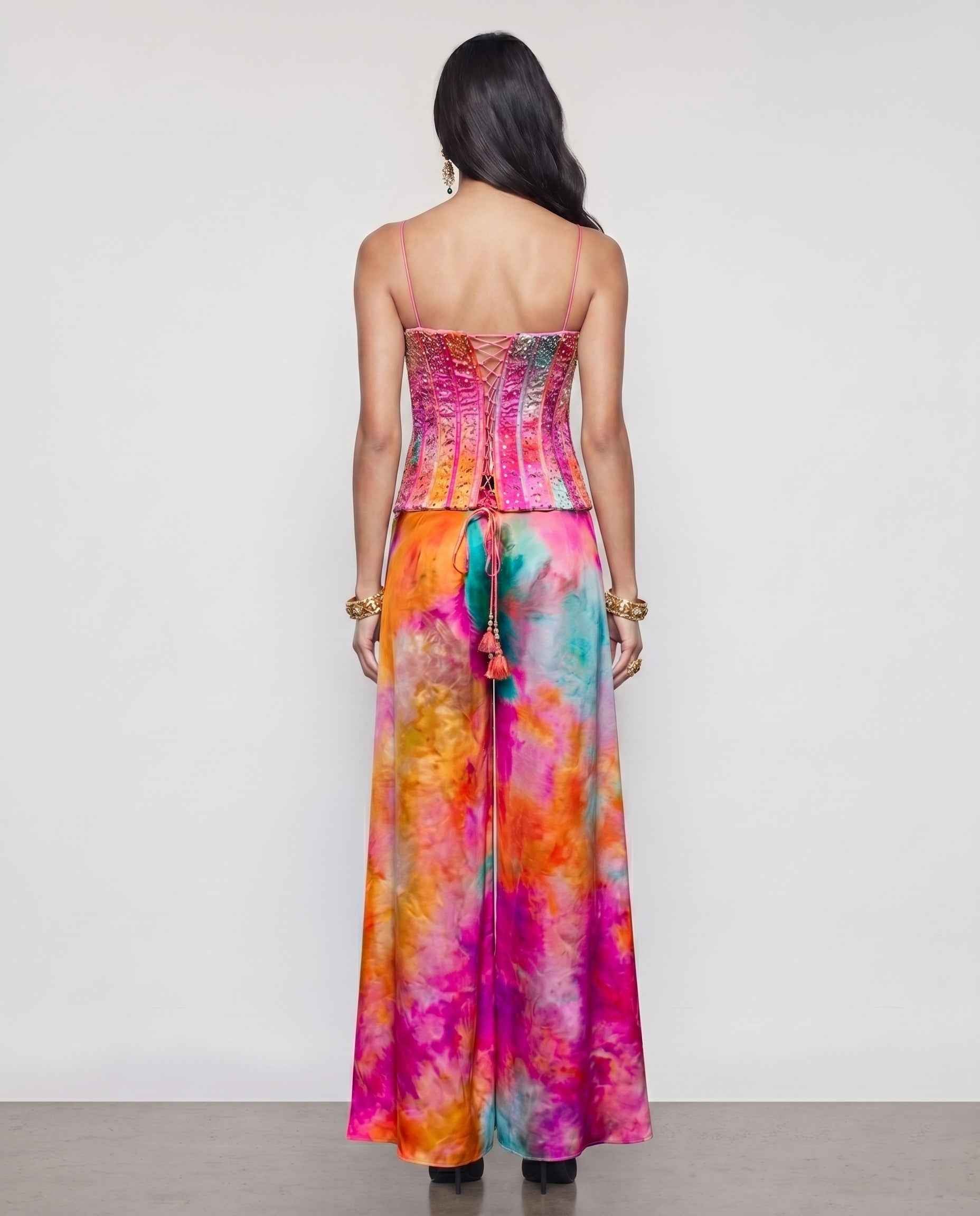 Multicolor Italian Silk Indo Western Dress with Diamond Work