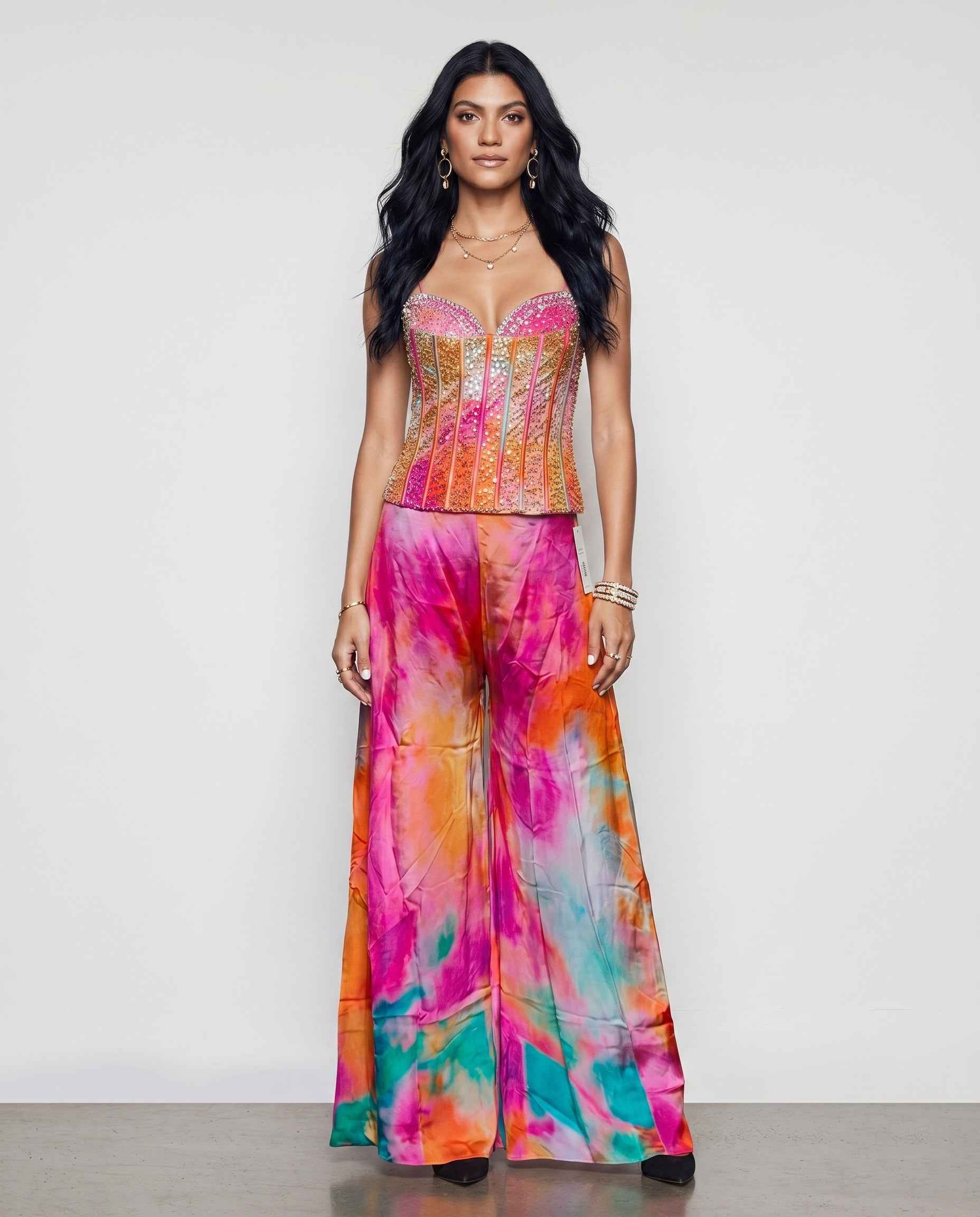 Multicolor Italian Silk Indo Western Dress with Diamond Work