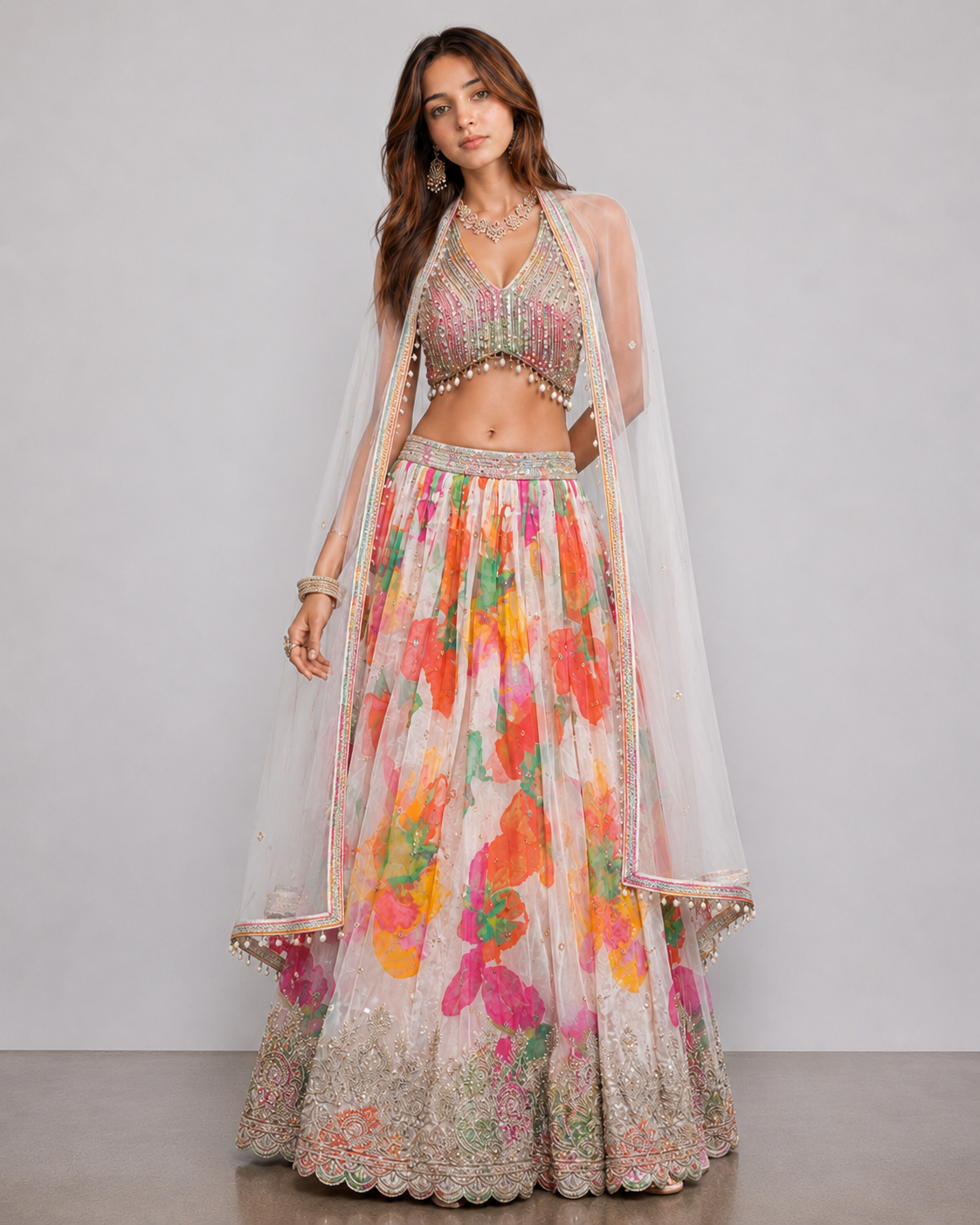 Multicolor Chiffon Silk Choli with Zari Codi Work and Sequins Flower Print