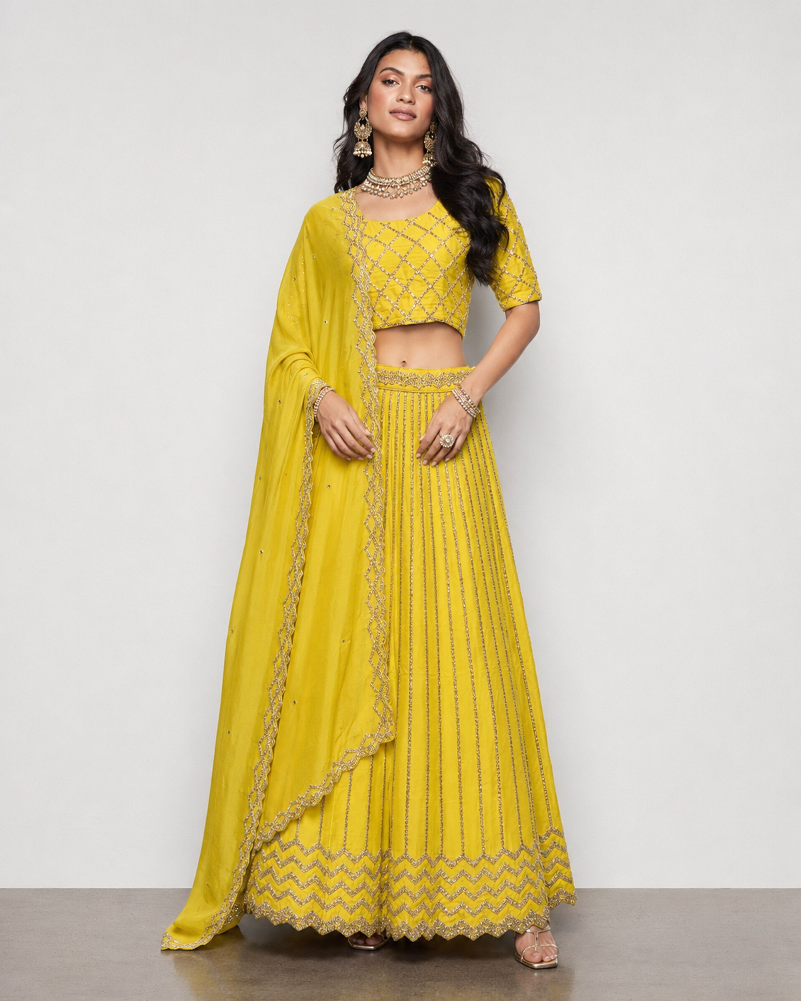 Mustard Raw Silk Lehenga Choli with Kardana and Moti Work