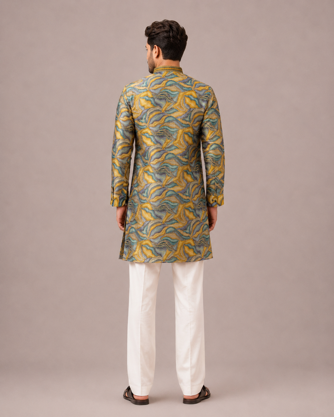 Mustard Silk Kurta Set with Artistic Print and Surface Work