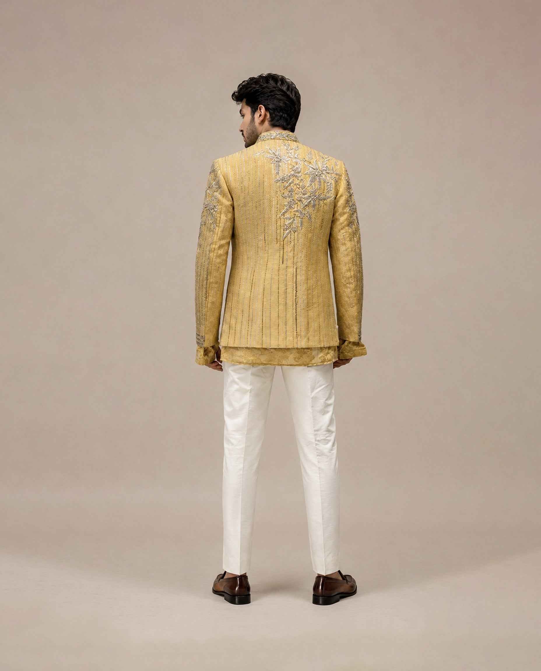 Mustard Tissue Silk Indo Western with Hand Embroidery and Thread Work