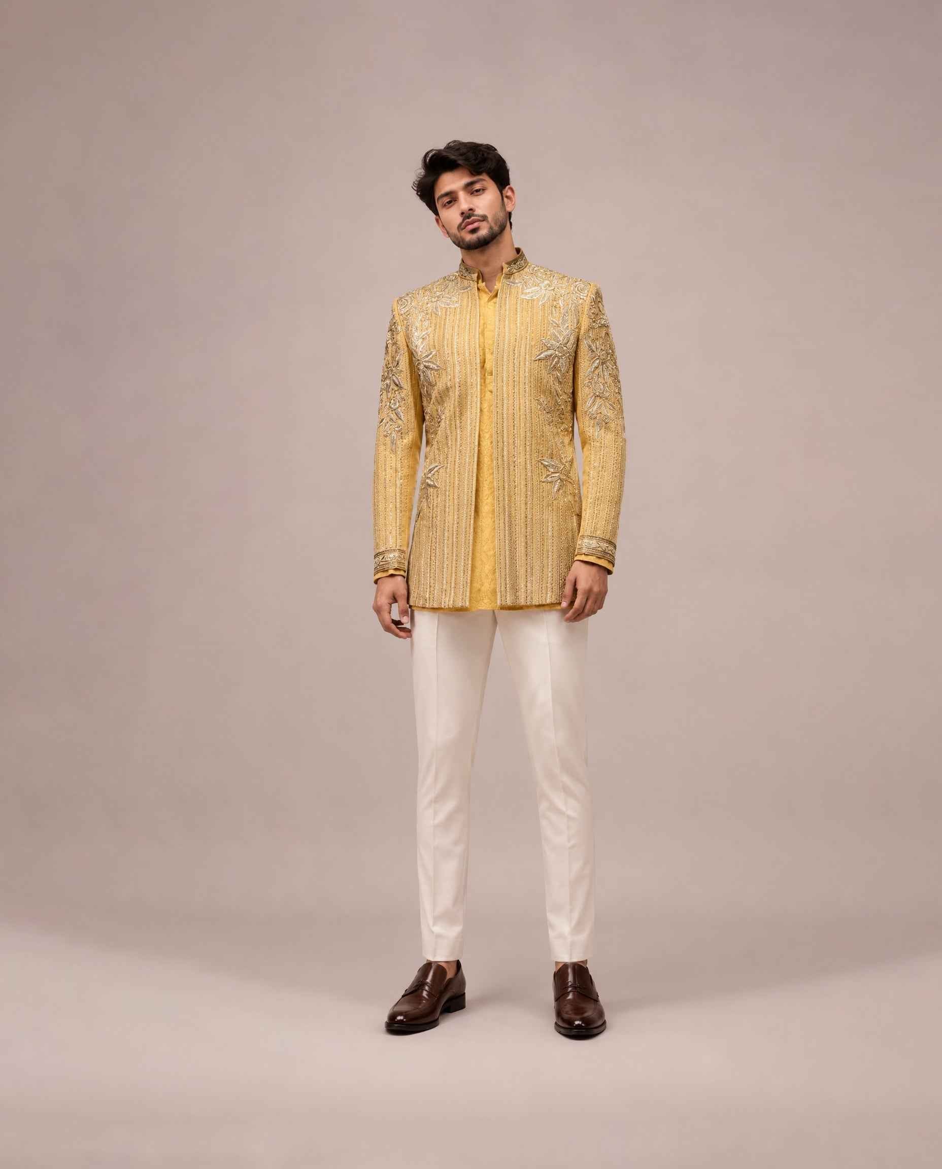 Mustard Tissue Silk Indo Western with Hand Embroidery and Thread Work