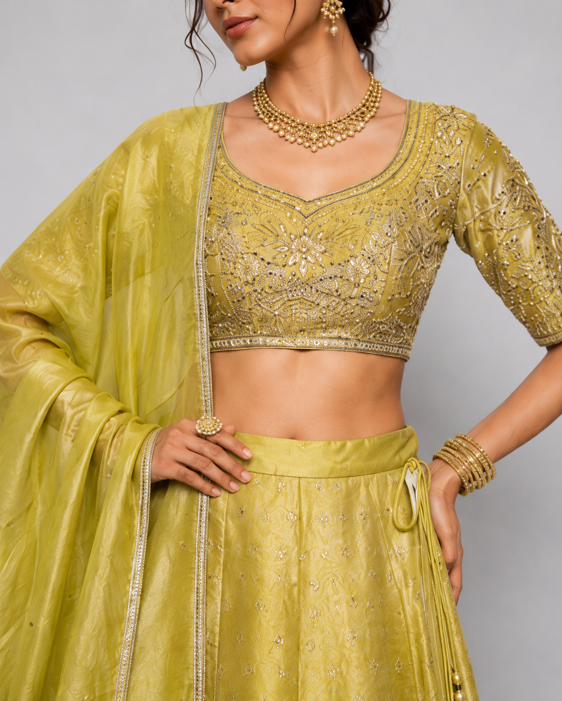 Mustard Tissue Silk Lehenga Choli with Zardozi, Moti and Kardana Work