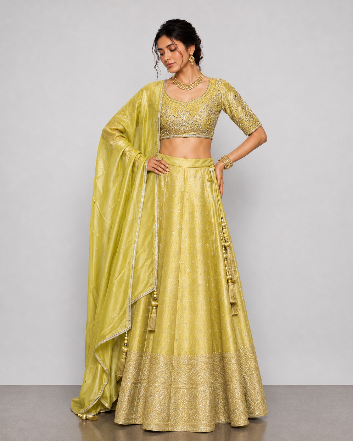 Mustard Tissue Silk Lehenga Choli with Zardozi, Moti and Kardana Work