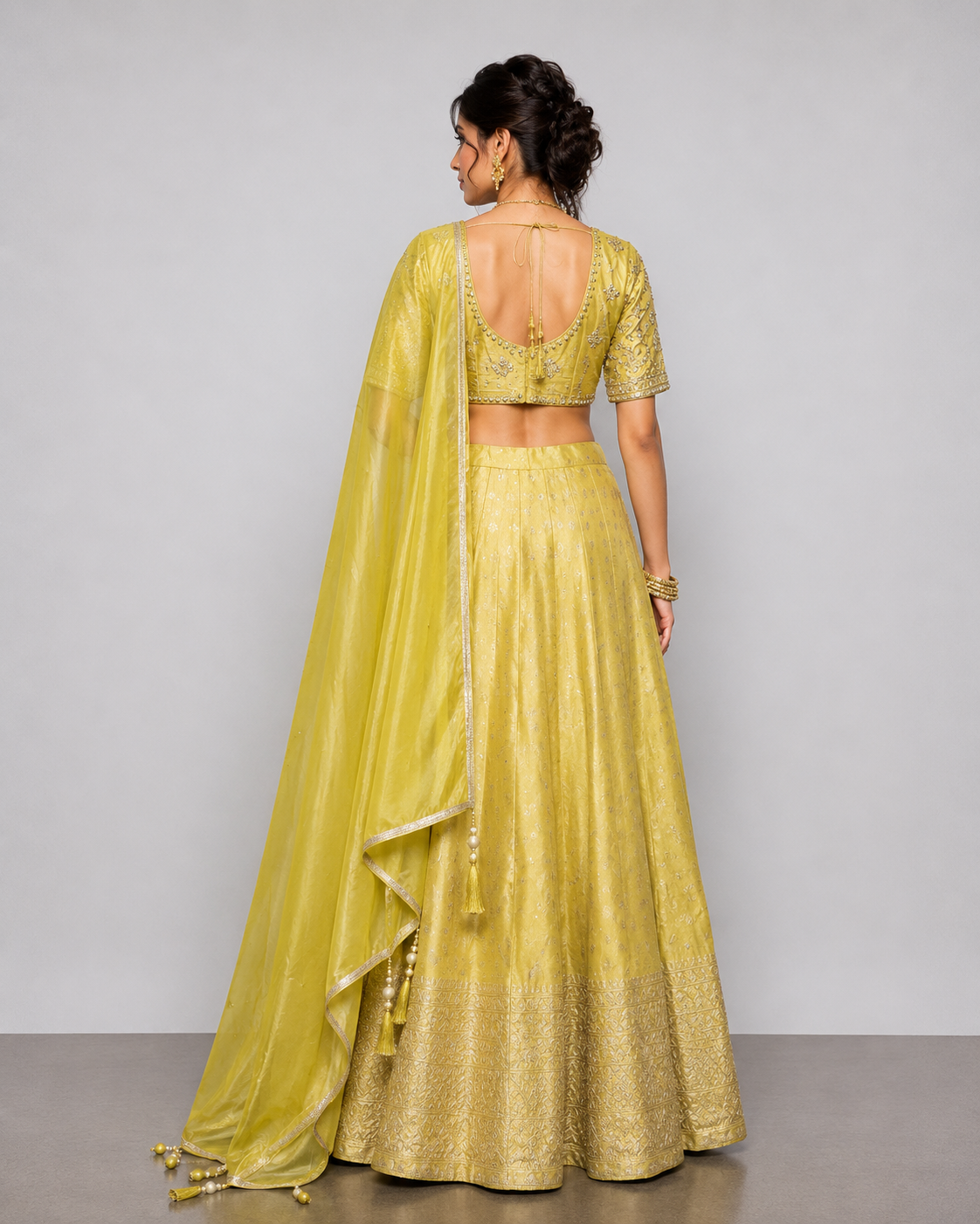 Mustard Tissue Silk Lehenga Choli with Zardozi, Moti and Kardana Work