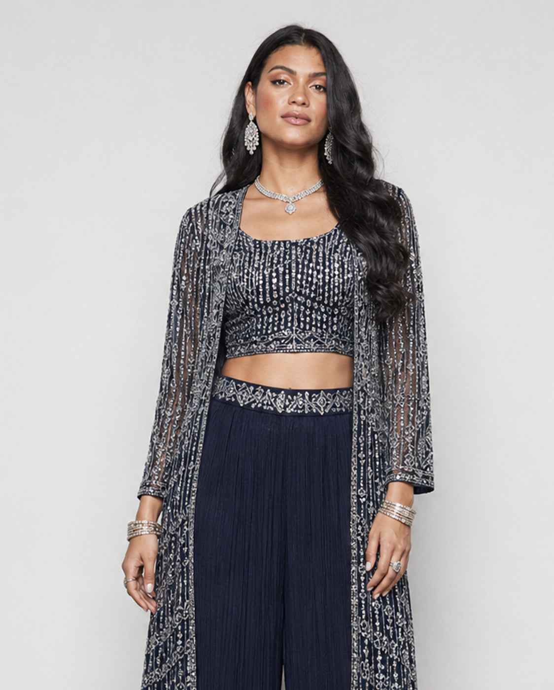Navy Blue Georgette Silk Indo Western with Mirror Sparcel Resham and Pure Georgette Work
