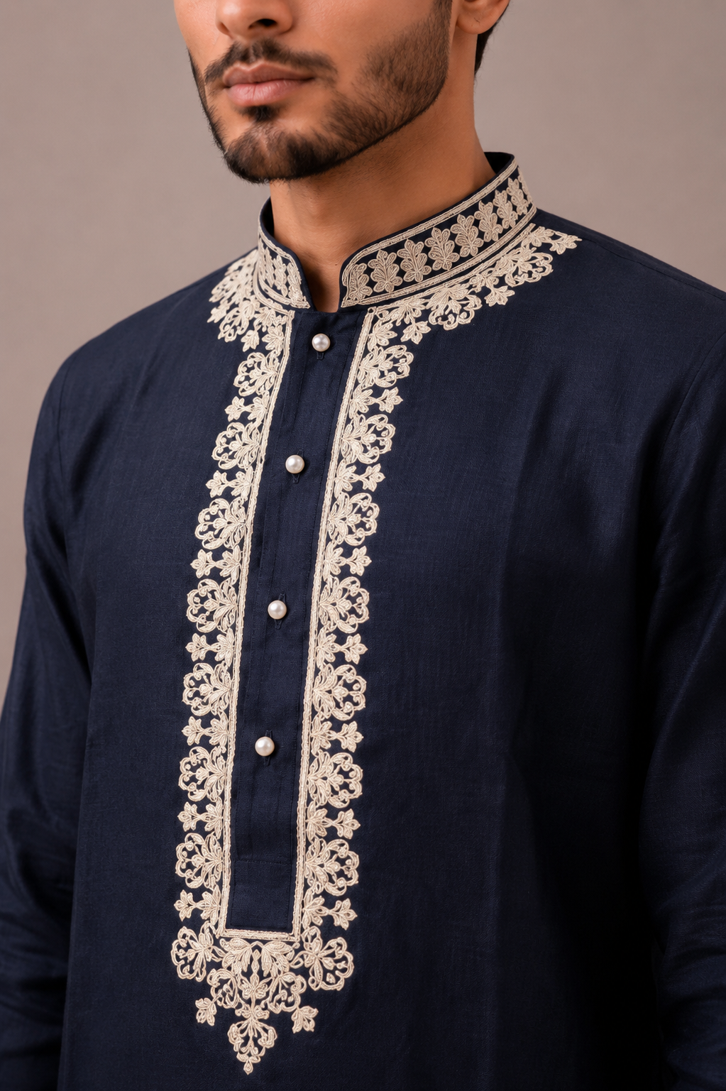 Navy Blue Linen Kurta Set with Hand Embroidery Work