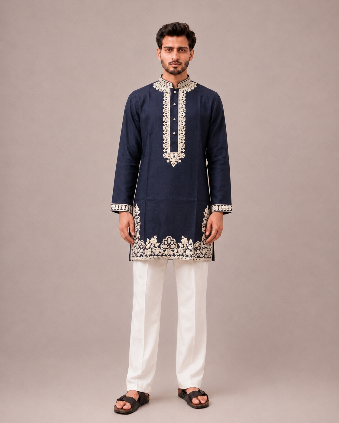 Navy Blue Linen Kurta Set with Hand Embroidery Work