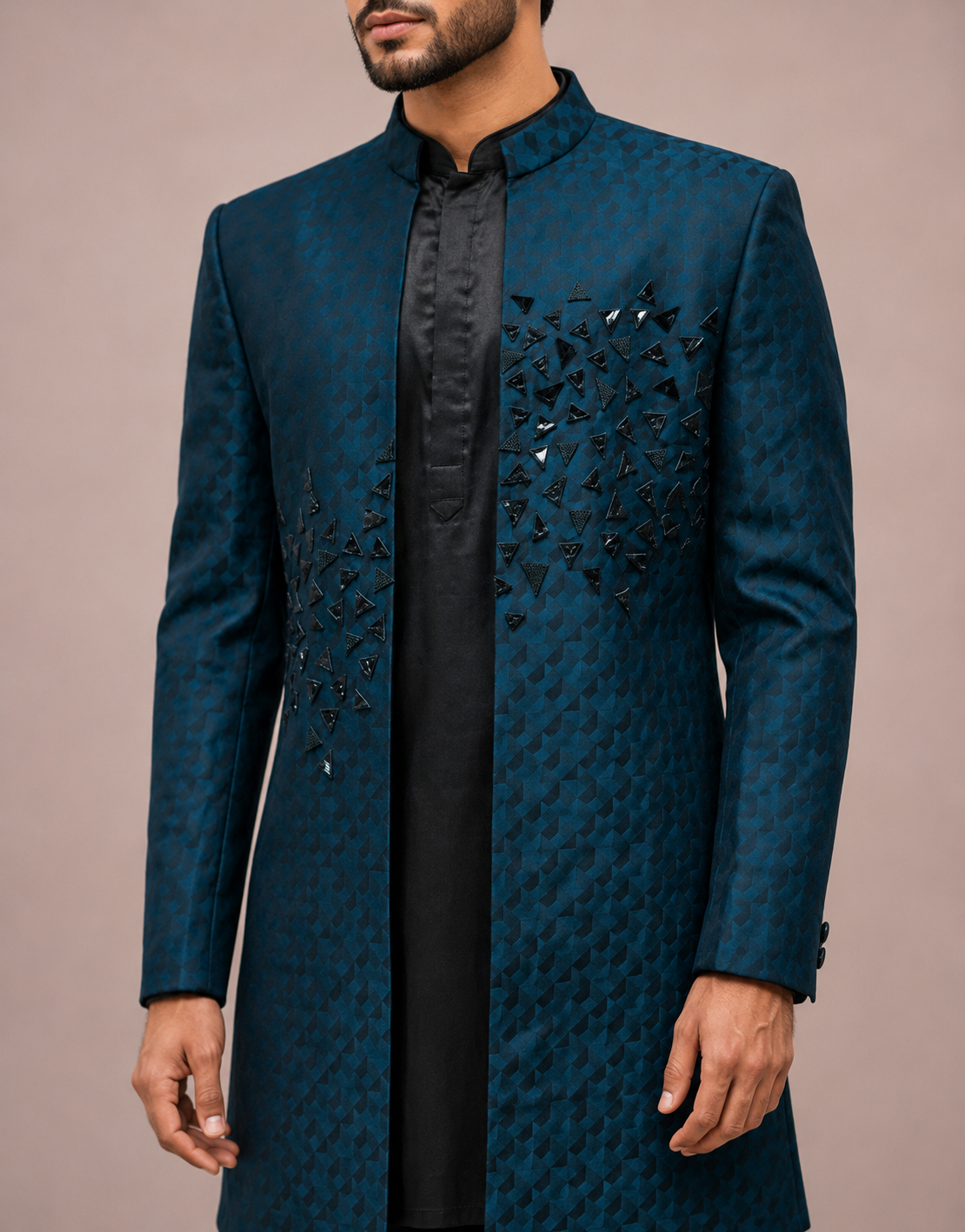 Navy Blue Silk Brocade Indo Western for Men with Hand Work