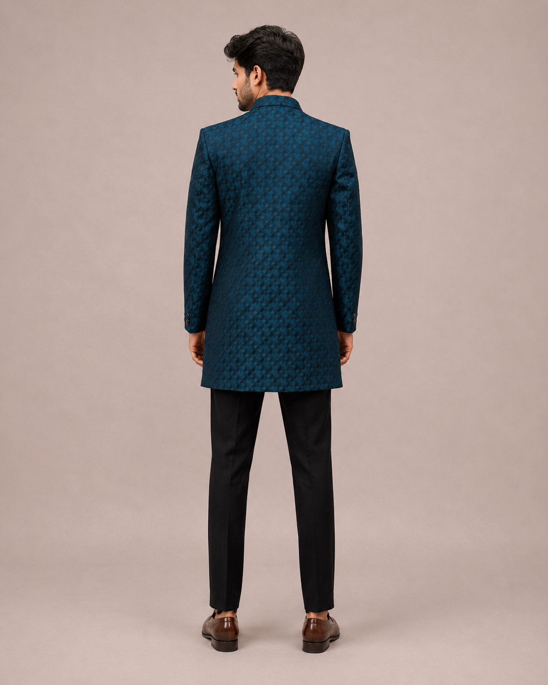 Navy Blue Silk Brocade Indo Western for Men with Hand Work