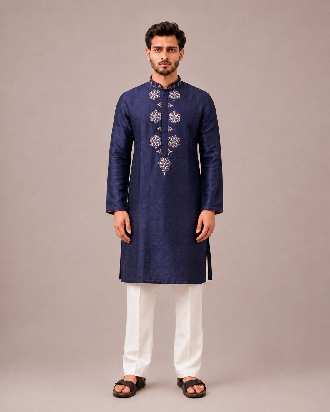 Navy Blue Silk Kurta Set with Hand Mirror and Embroidery Work