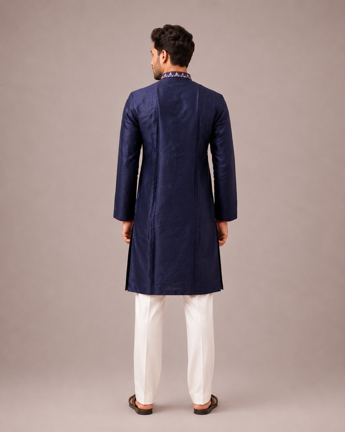 Navy Blue Silk Kurta Set with Hand Mirror and Embroidery Work