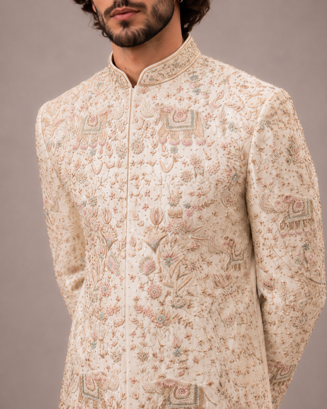 Off White Silk Sherwani with Dupatta and Hand Work