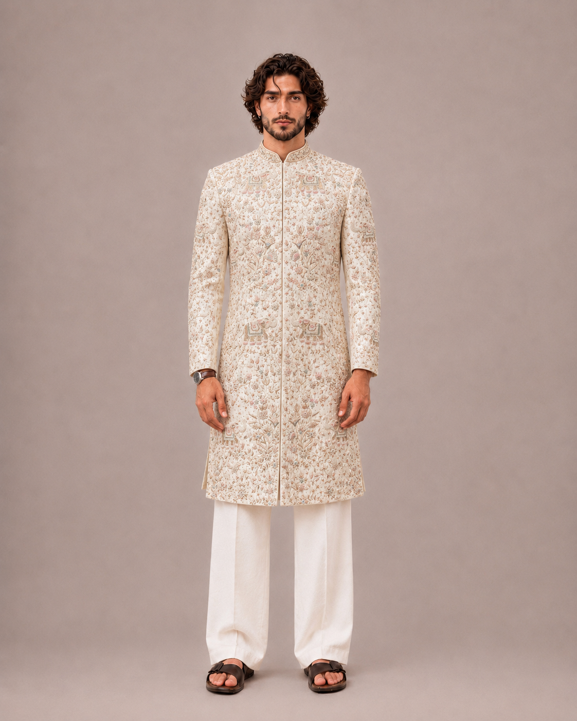 Off White Silk Sherwani with Dupatta and Hand Work