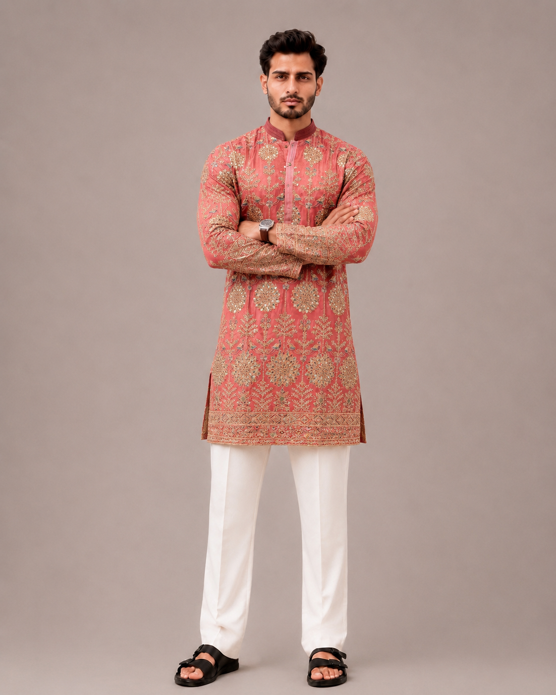 Onion Pink Silk Kurta Set with Computer Embroidery Work