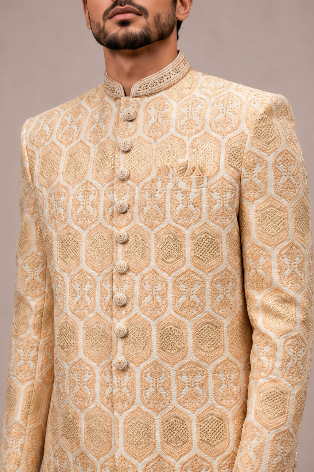 Orange Silk Indo Western for Men with Machine Work