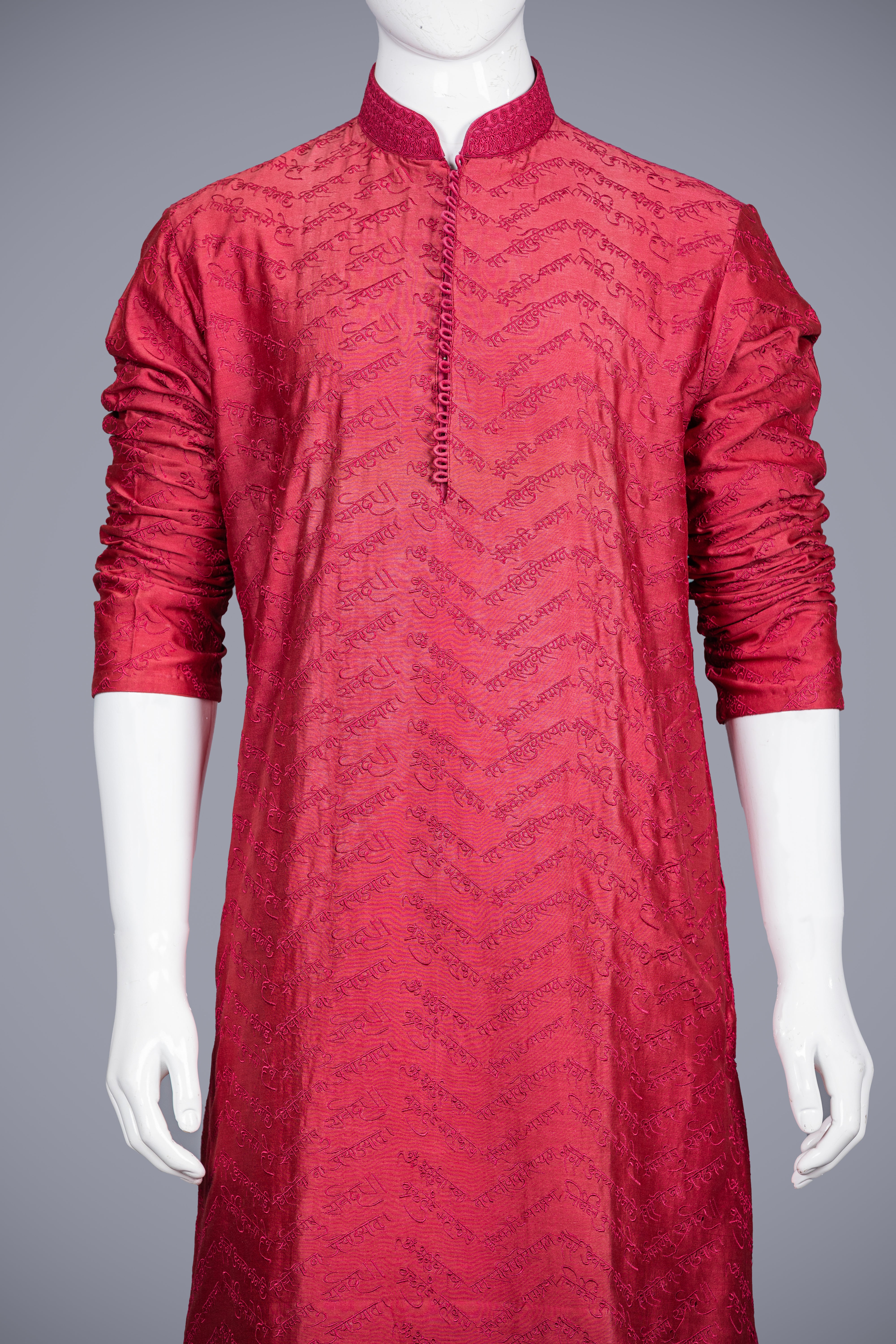 Dark Pink Kurta Set for Men in Silk With Embroidery