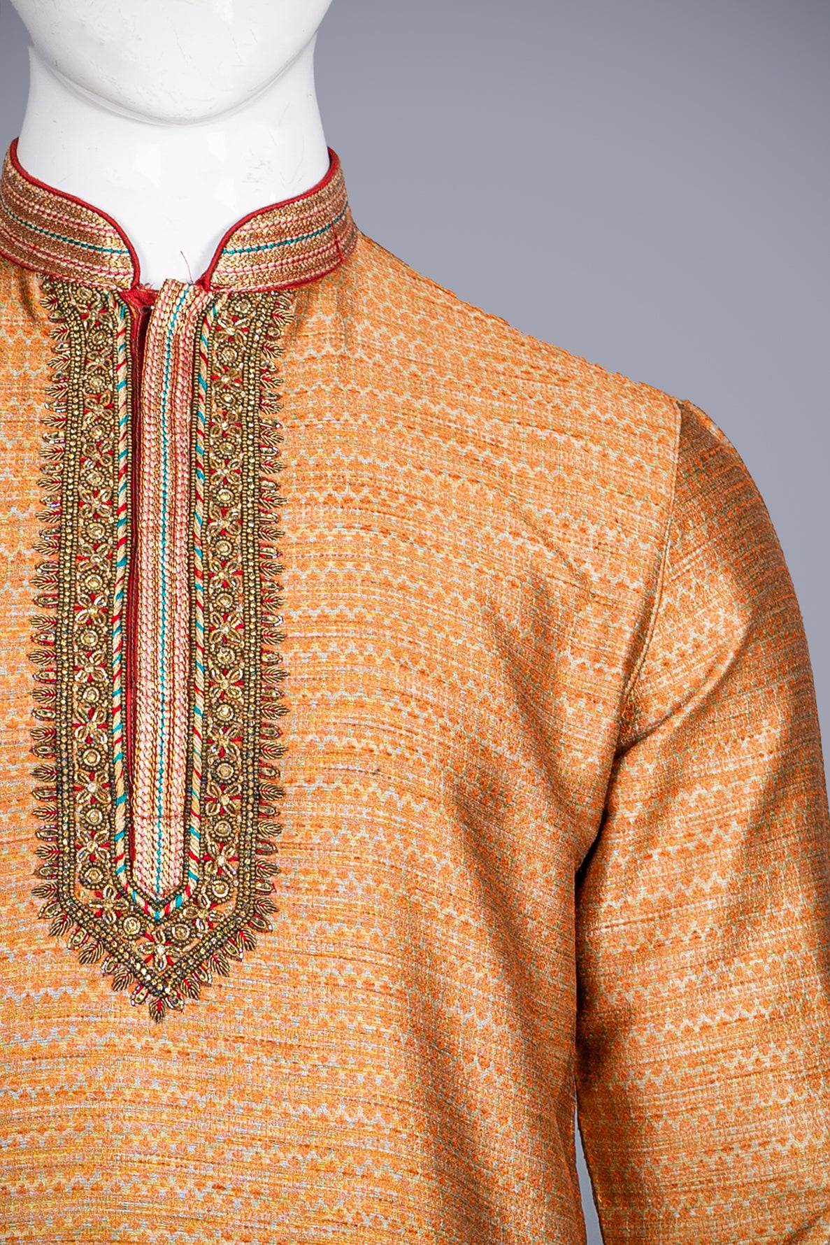 Orange Kurta Set in Brocade Silk and Hand Work