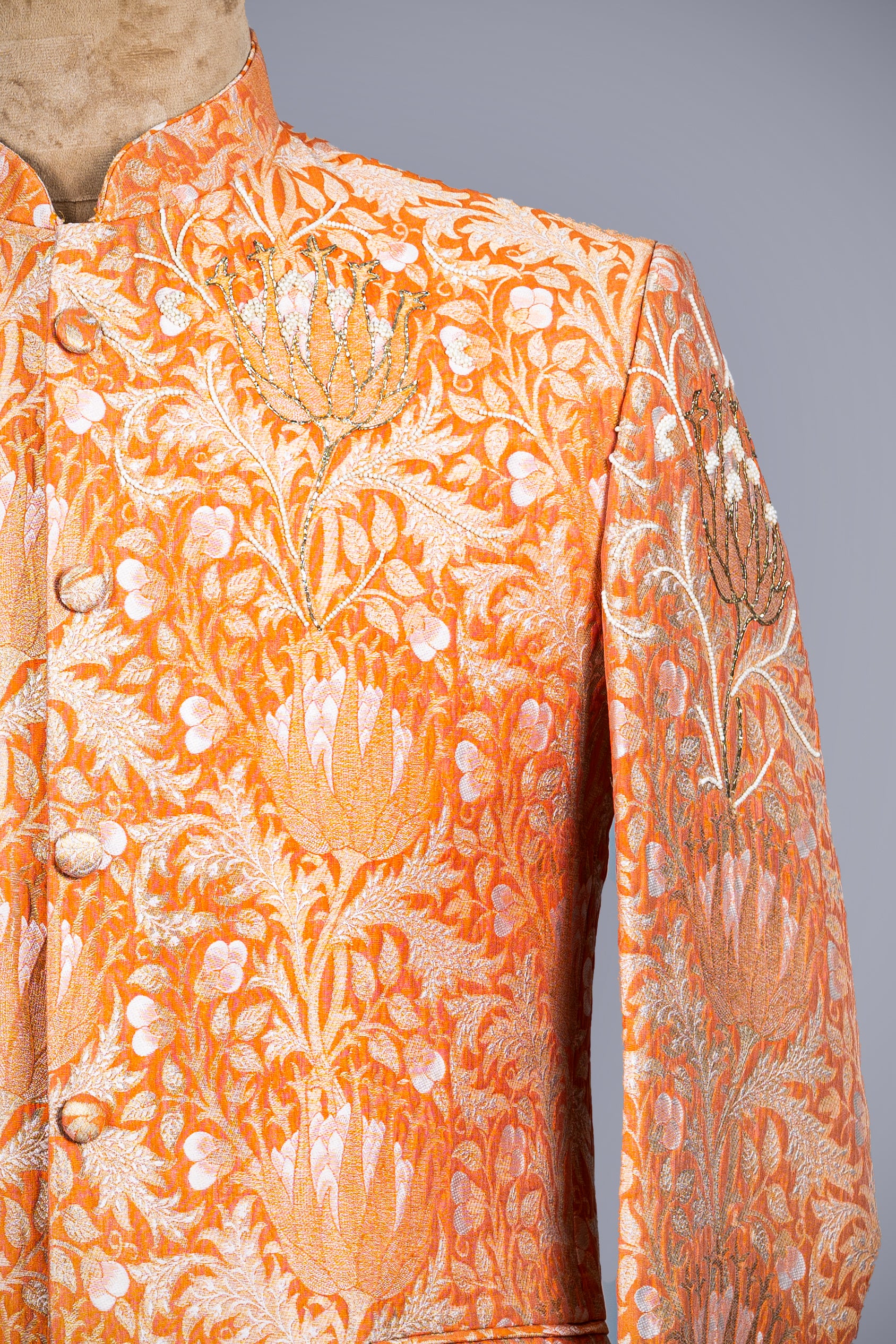 Orange King Khab Silk Men’s Jodhpuri With Hand Work