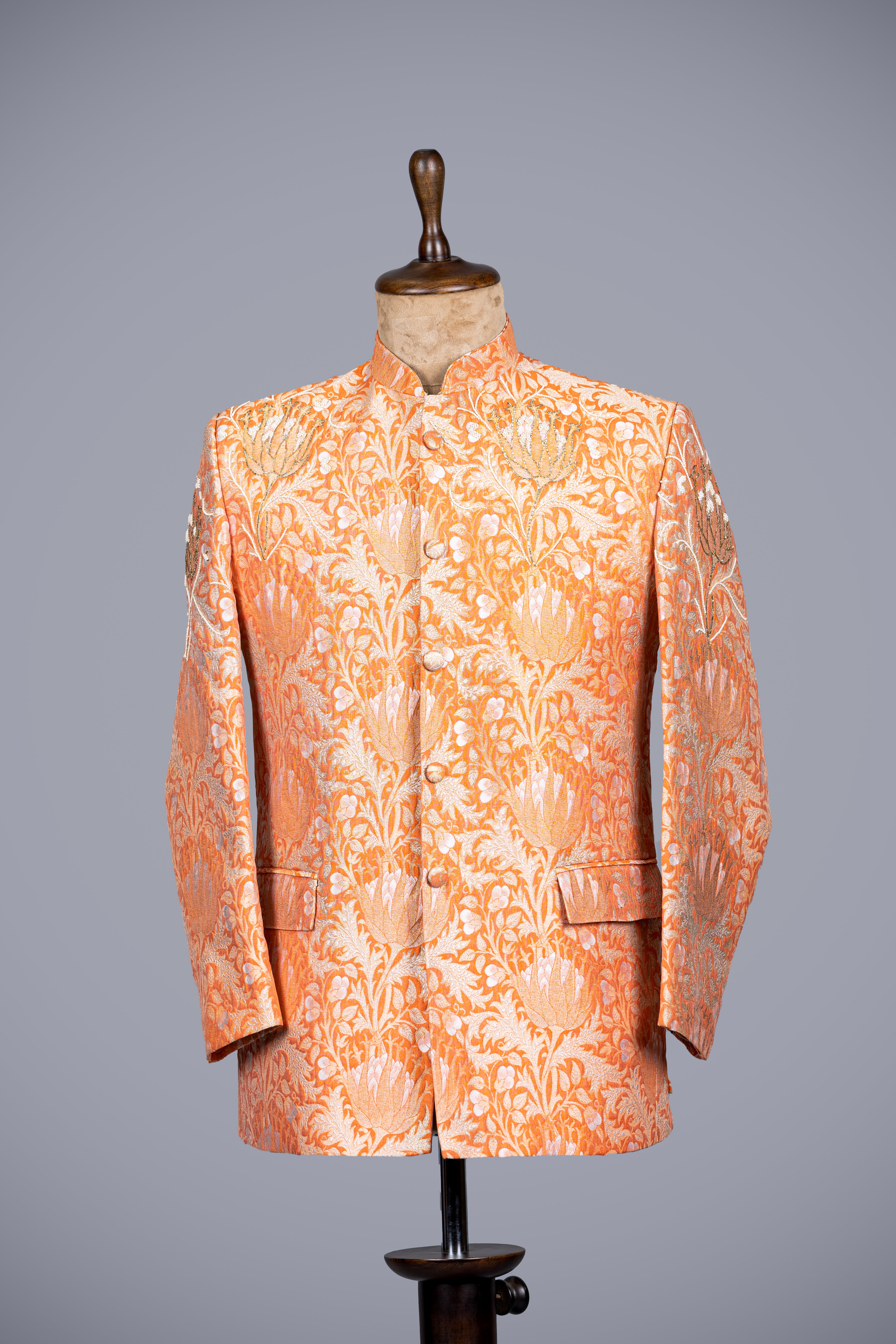 Orange King Khab Silk Men’s Jodhpuri With Hand Work