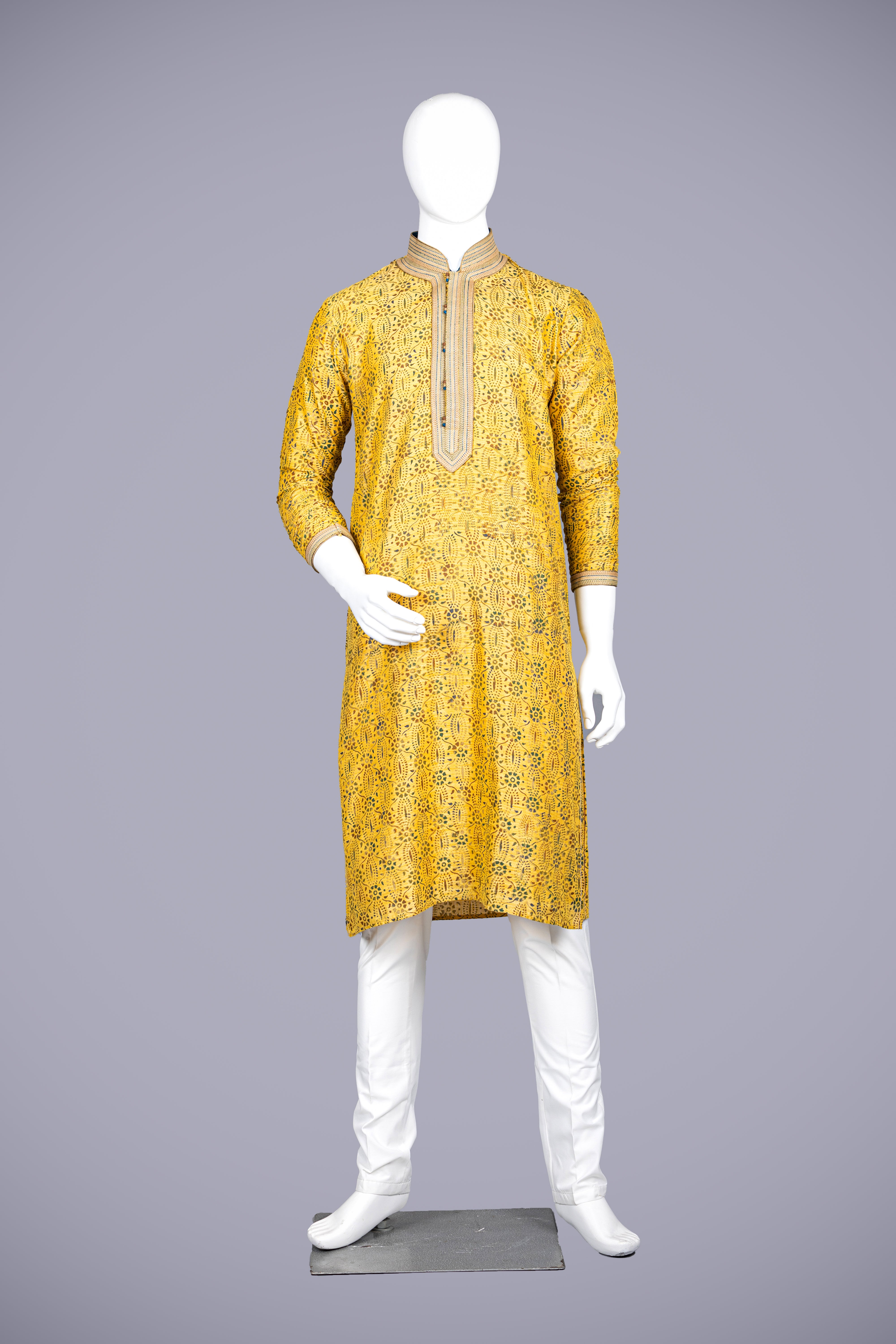 Mustard Cota Silk Men's Kurta Set with Machine Work