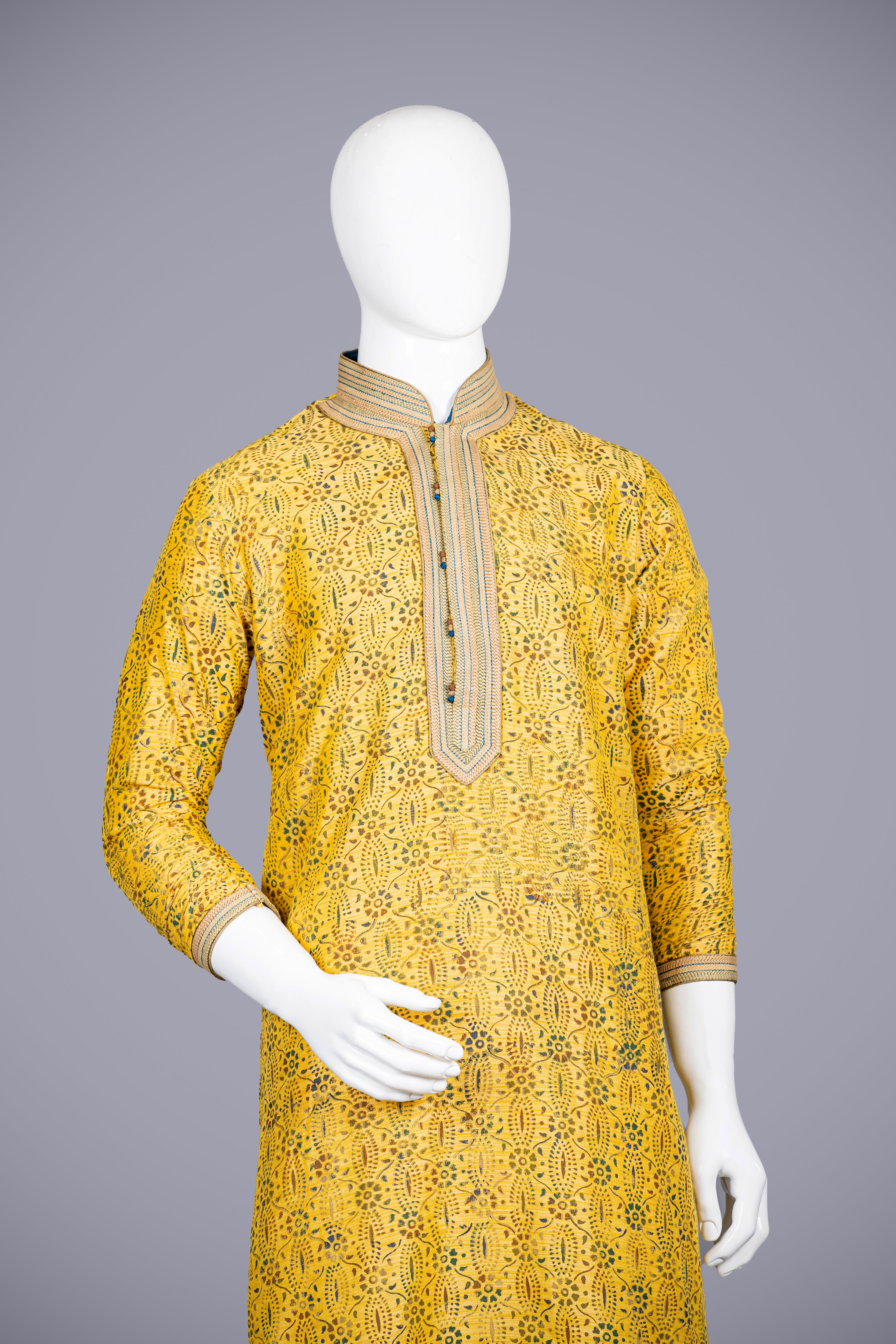 Mustard Cota Silk Men's Kurta Set with Machine Work