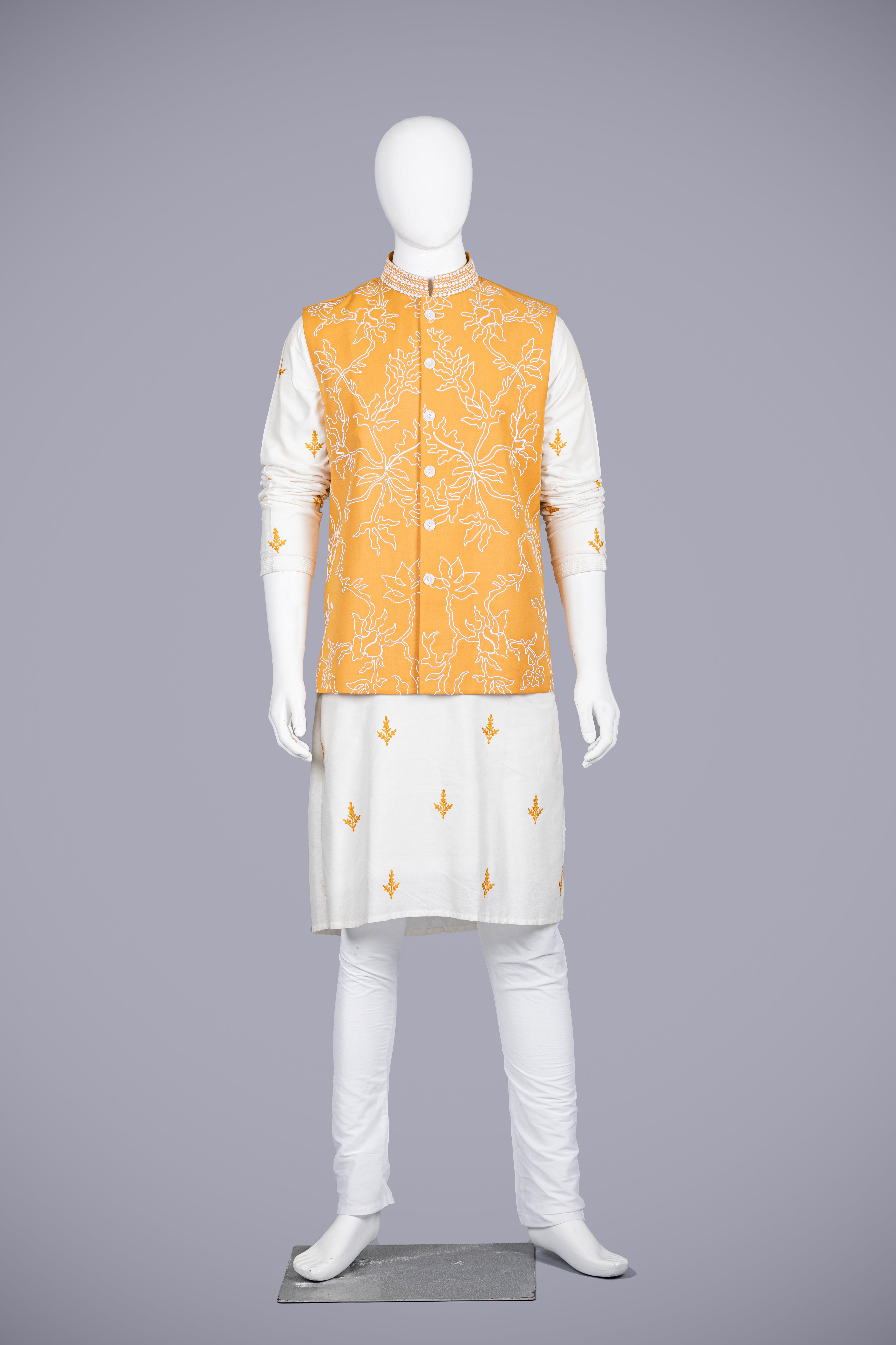 White Mustard Pure Silk Men's Jacket Set with Dori Work