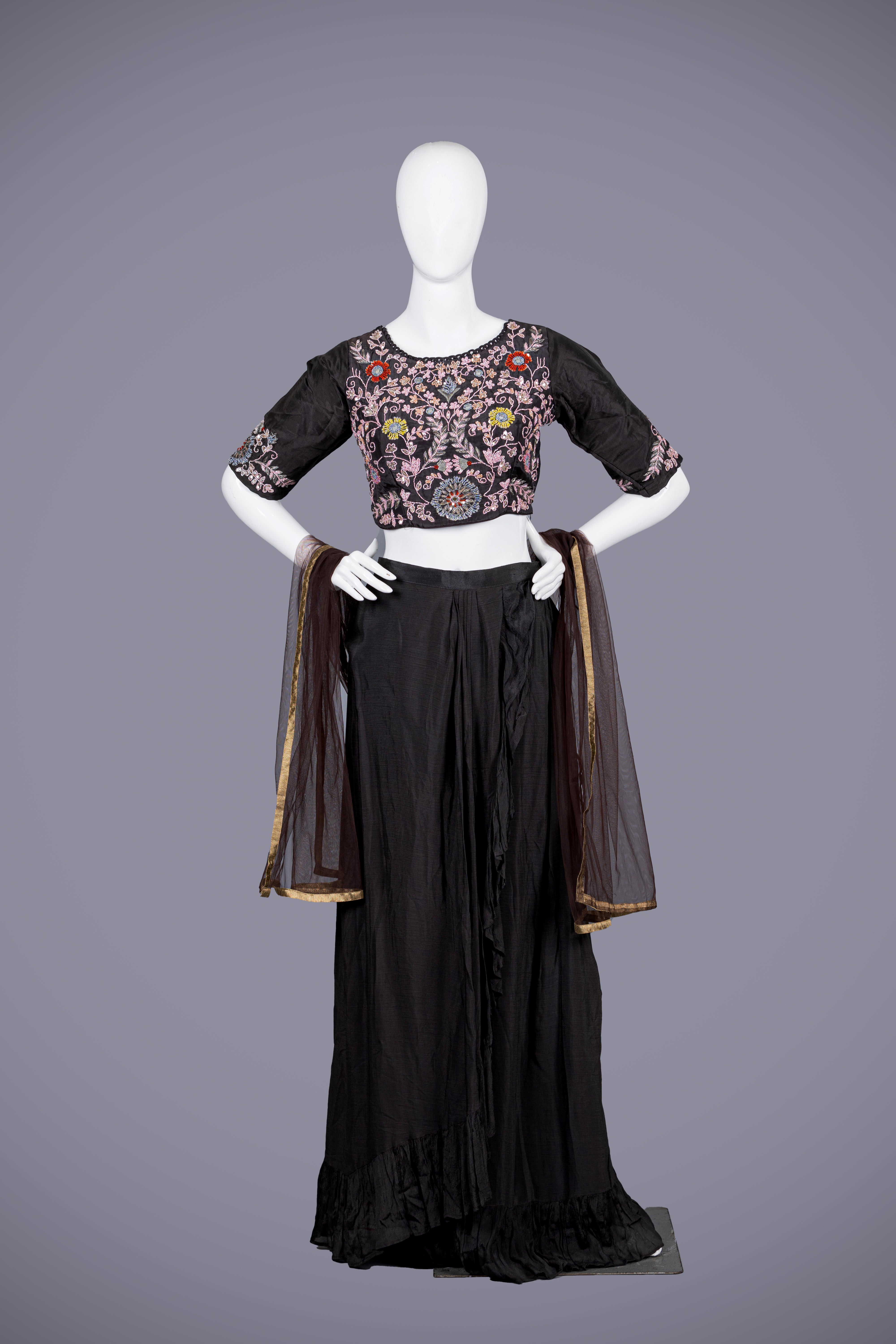 Black & Brown Crop Top in Silk & Katdana Hand Work