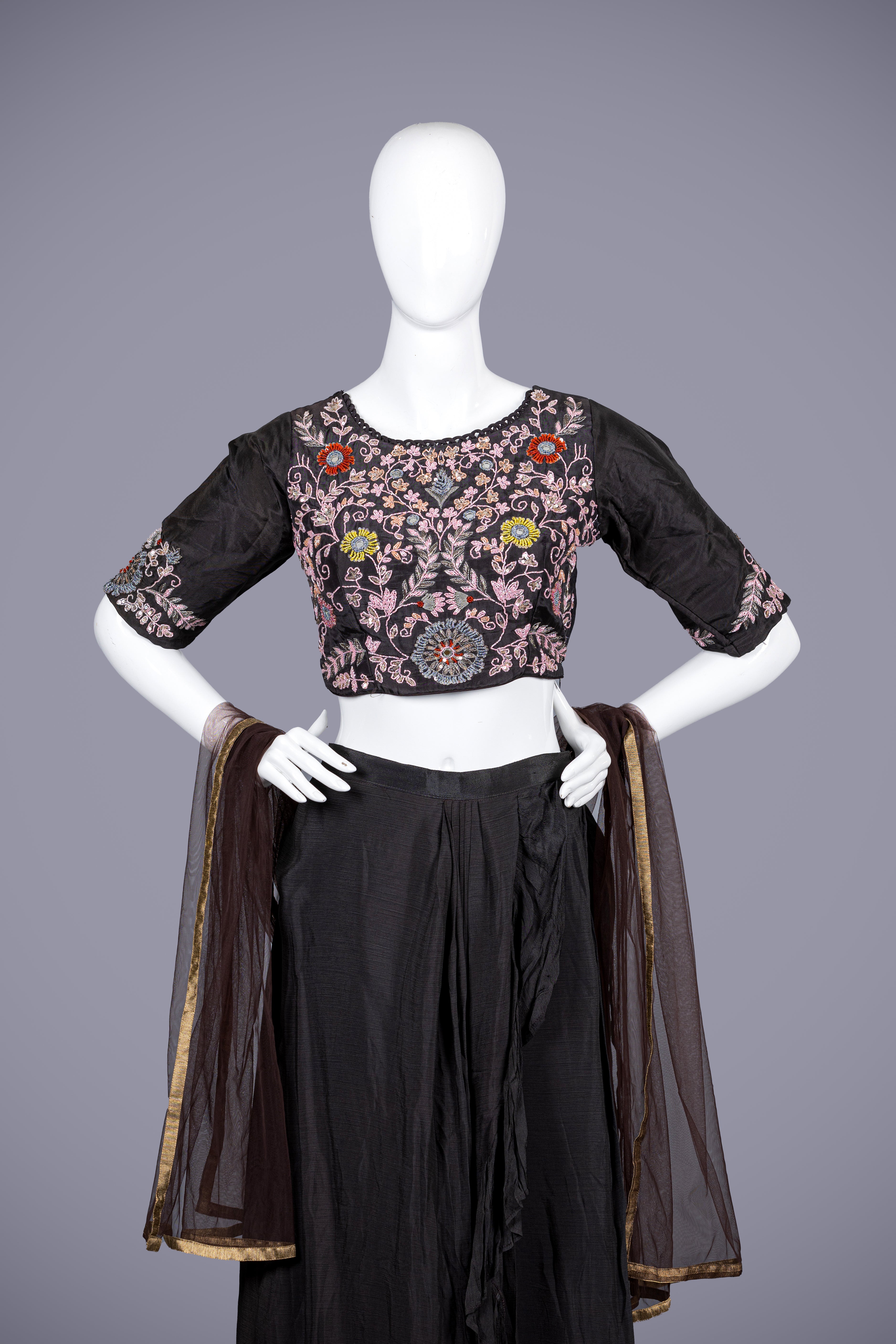 Black & Brown Crop Top in Silk & Katdana Hand Work