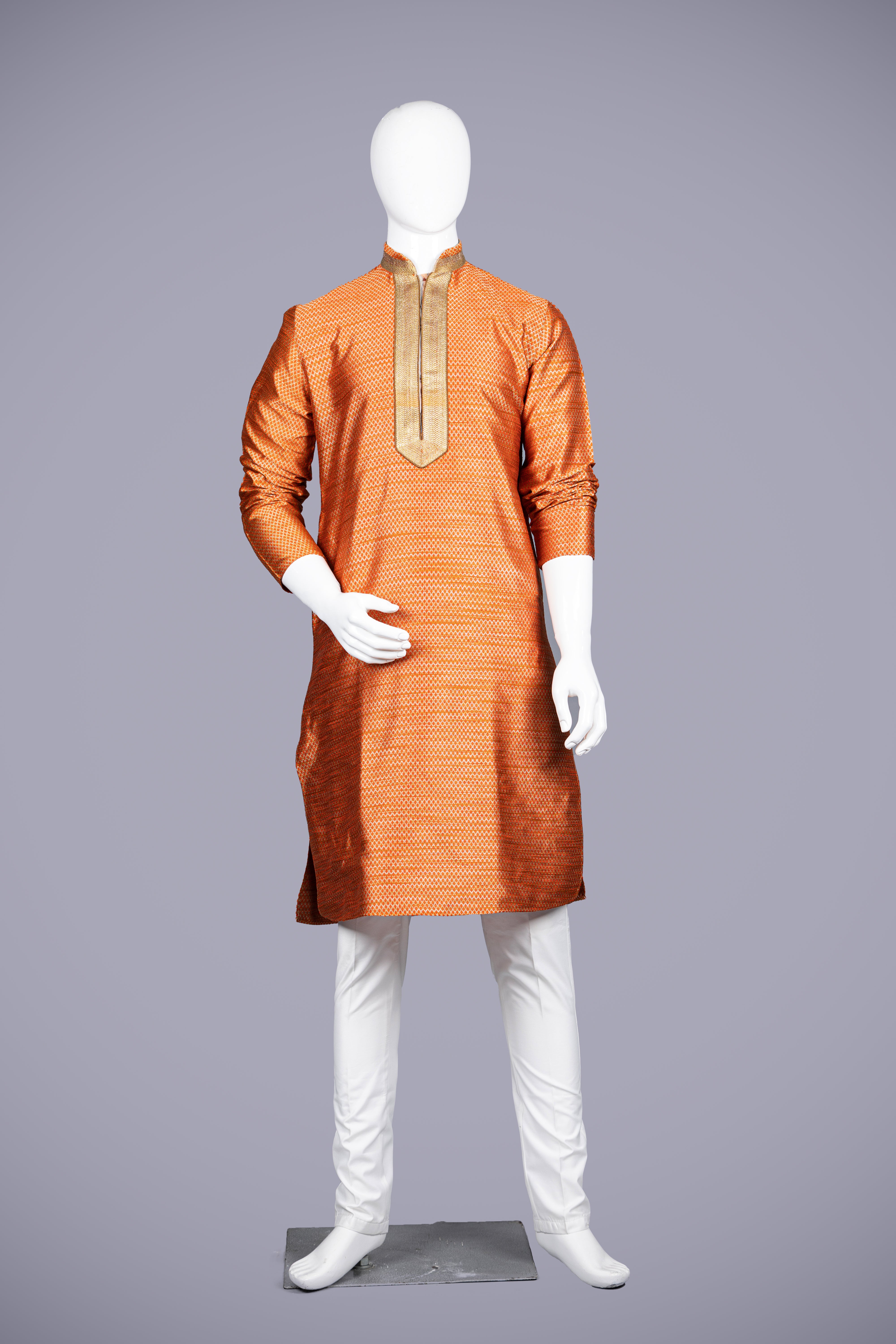 Rust Kurta Set in Brocade Silk for Men Online